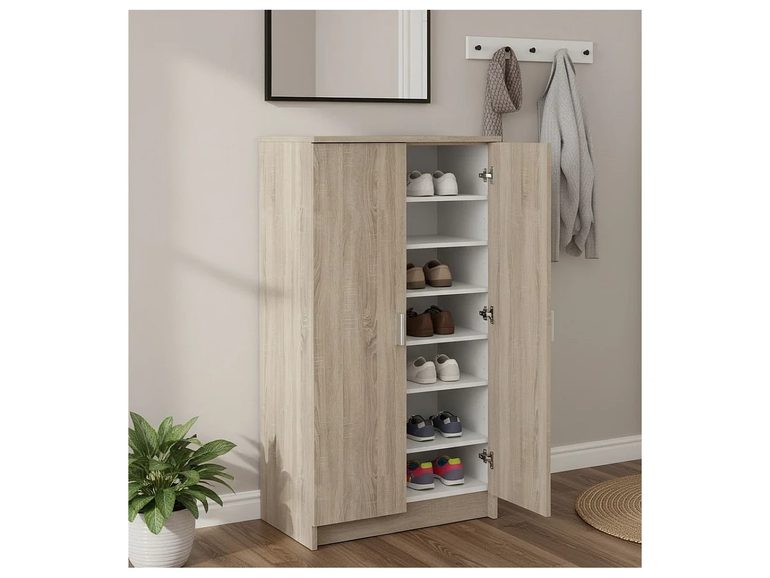 Dmora Schoenenkast Alcudia 35,3x54,6x108,4h cm Eiken Bruin 6 Planken 2 Deuren, Schoenenrek 7 Compartimenten