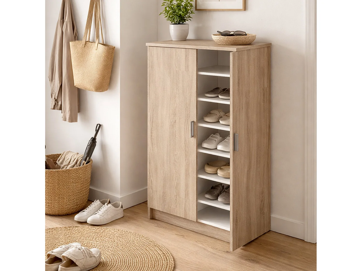 Dmora Schoenenkast Alcudia 35,3x54,6x108,4h cm Eiken Bruin 6 Planken 2 Deuren, Schoenenrek 7 Compartimenten