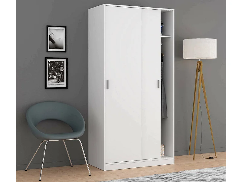 Guardaroba Lansing, Armadio per camera da letto a 2 ante scorrevoli, Mobile con ripiano e barra appendiabiti, 100x50h200 cm, Bianco