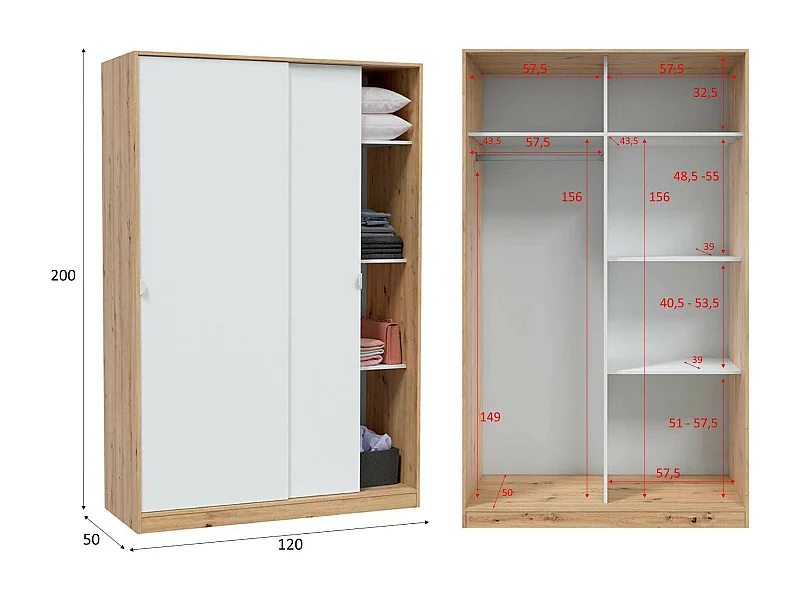 Armoire Waterbury, Armoire de chambre avec 2 portes coulissantes, Armoire avec 3 étagères et tringle à vêtements, 120x50h200 cm, Chêne et Blanc