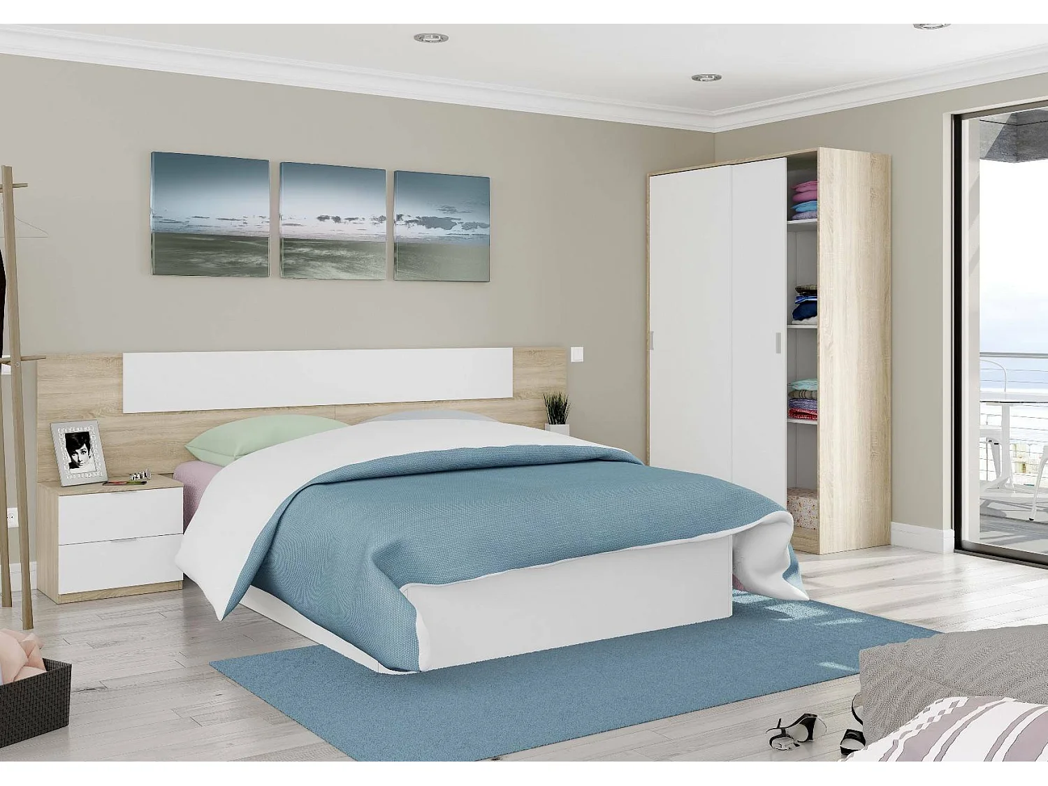 Armoire Waterbury, Armoire de chambre avec 2 portes coulissantes, Armoire avec 3 étagères et tringle à vêtements, 120x50h200 cm, Chêne et Blanc