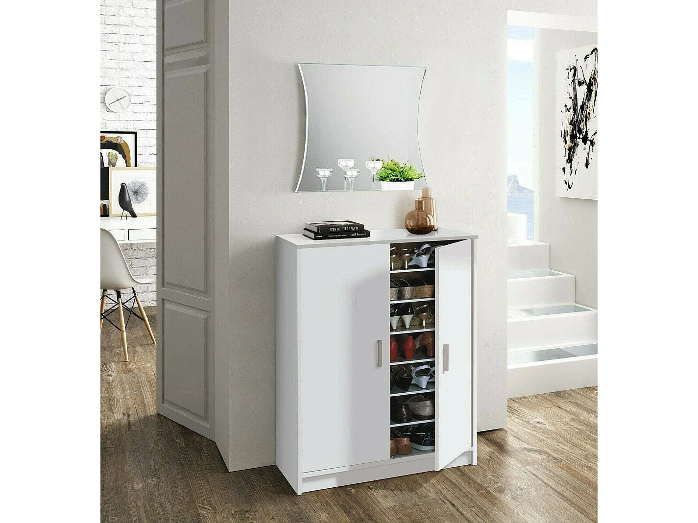 Norwalk multifunctionele kledingkast, 2-deurs schoenenkast, Lage kast met 6 planken, Modern laag schoenenrek, 75x36h101 cm, Wit