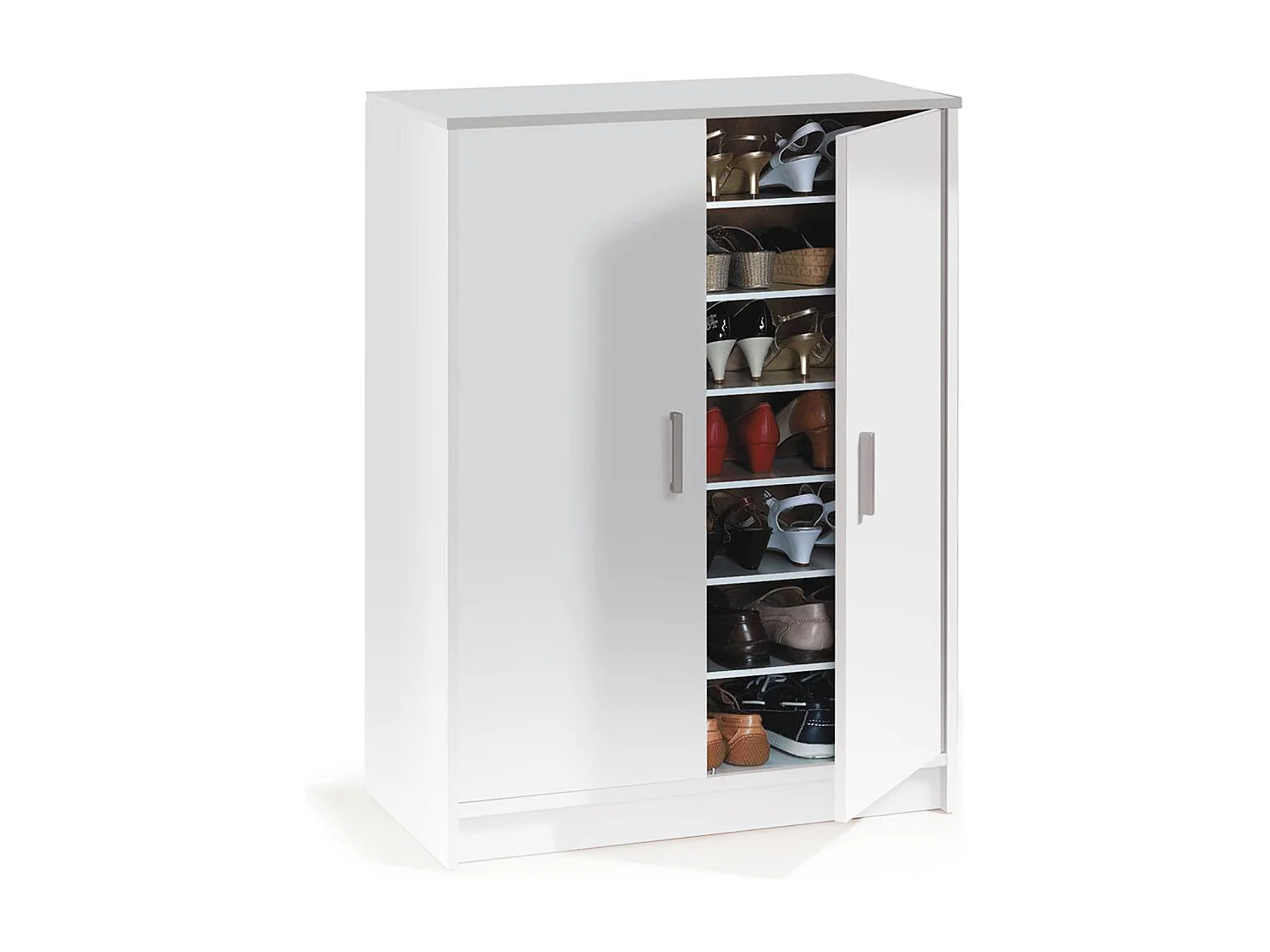 Norwalk multifunctionele kledingkast, 2-deurs schoenenkast, Lage kast met 6 planken, Modern laag schoenenrek, 75x36h101 cm, Wit