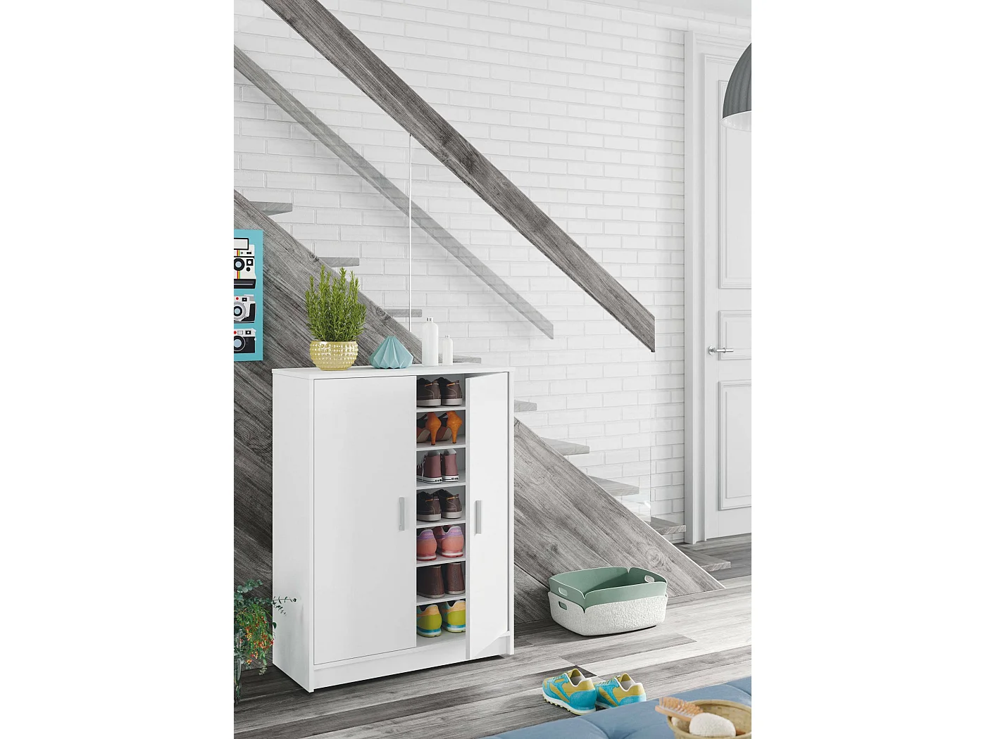 Armário multiuso Norwalk, sapateira de 2 portas, Armário baixo com 6 prateleiras, Sapateira baixa moderna, 75x36h101 cm, Branco