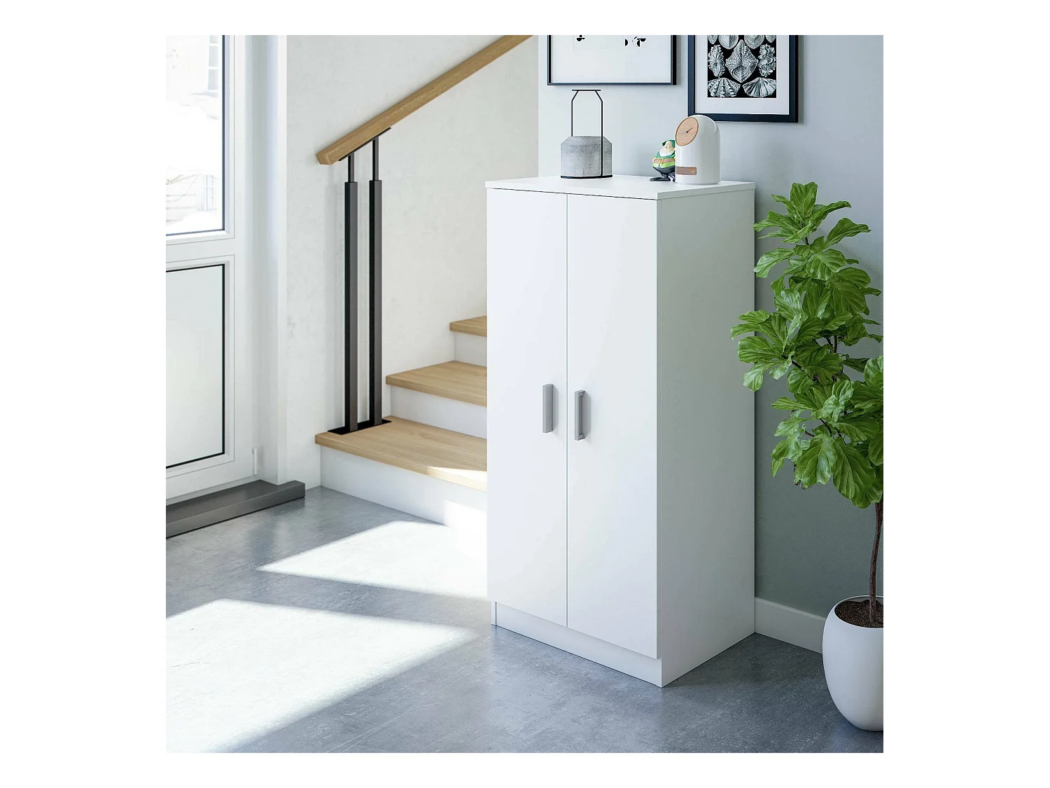 Corona multifunctionele kledingkast, Extra kast met 2 deuren, Lage schoenenkast met 6 planken, Modern schoenenrek, 55x36h108 cm, Wit