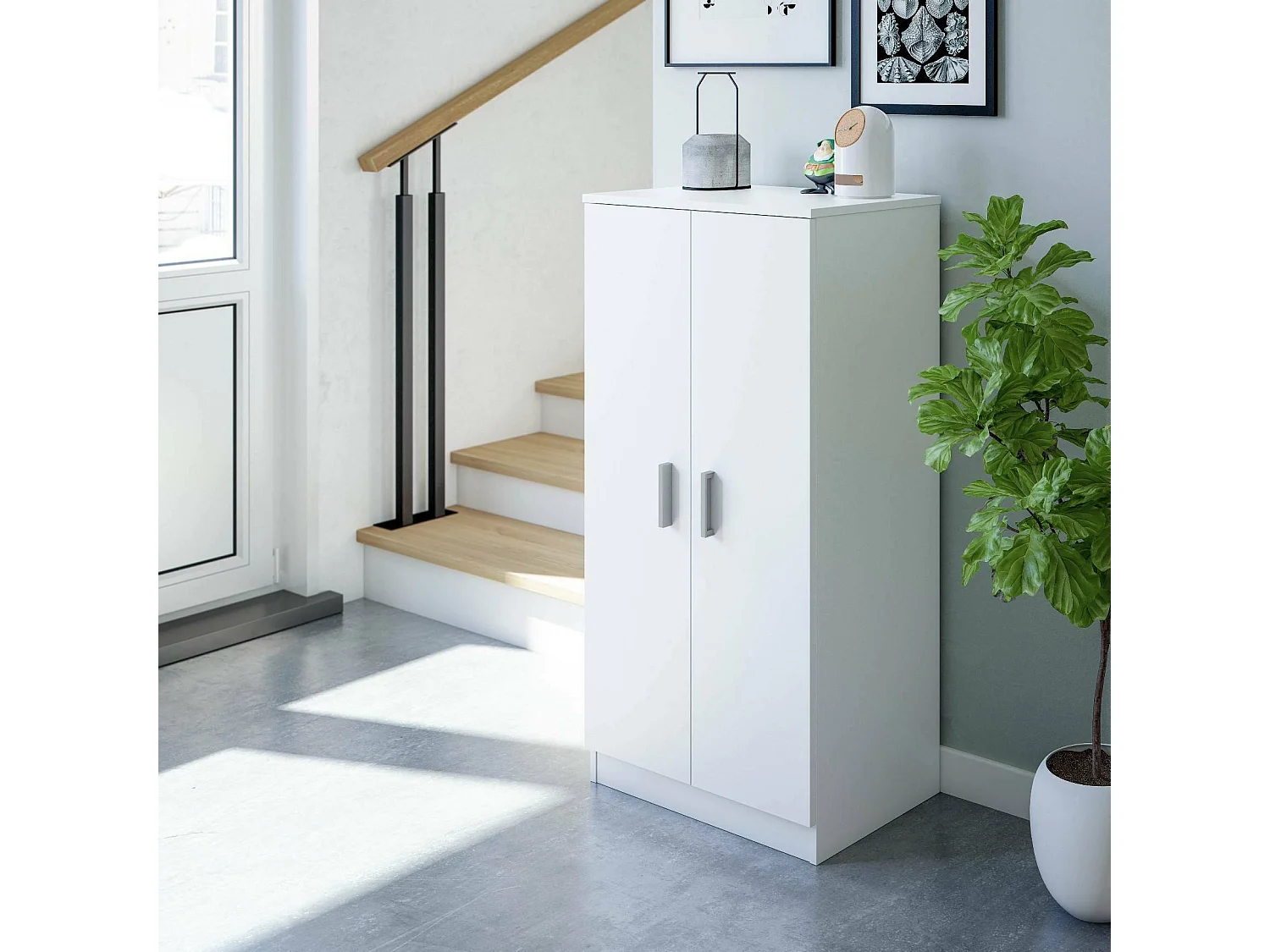 Armoire polyvalente Corona, Armoire auxiliaire avec 2 portes, Armoire à chaussures basse avec 6 étagères, Étagère à chaussures moderne, 55x36h108 cm, Blanc