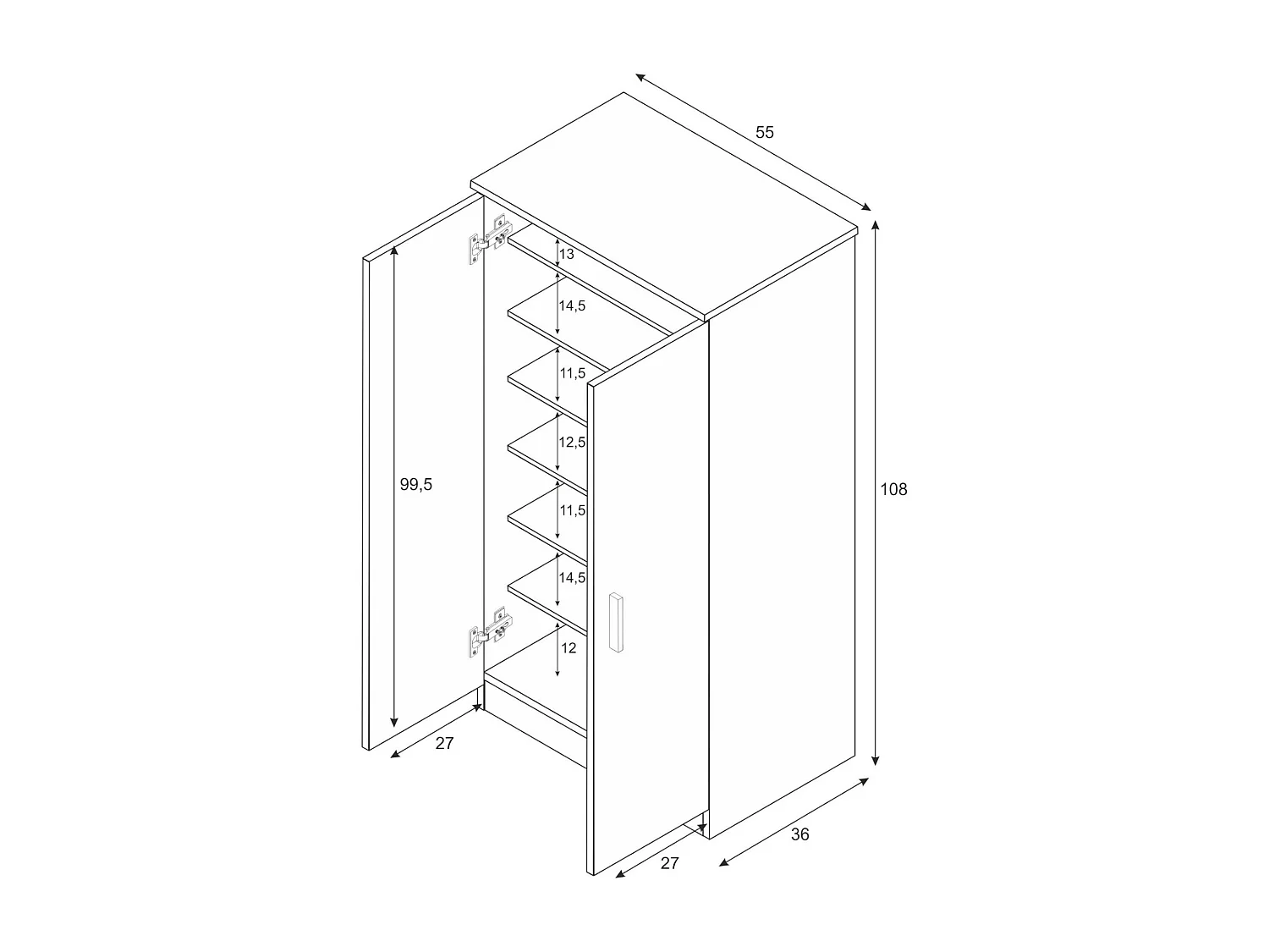 Armoire polyvalente Corona, Armoire auxiliaire avec 2 portes, Armoire à chaussures basse avec 6 étagères, Étagère à chaussures moderne, 55x36h108 cm, Blanc