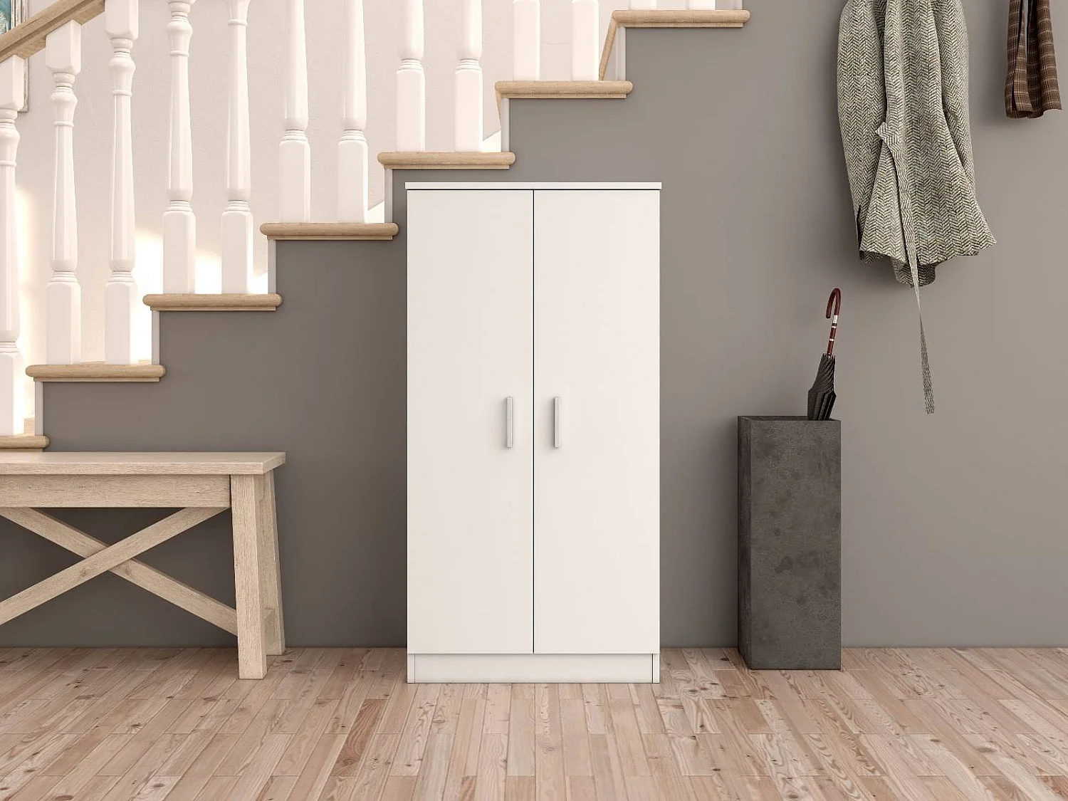 Armoire polyvalente Corona, Armoire auxiliaire avec 2 portes, Armoire à chaussures basse avec 6 étagères, Étagère à chaussures moderne, 55x36h108 cm, Blanc