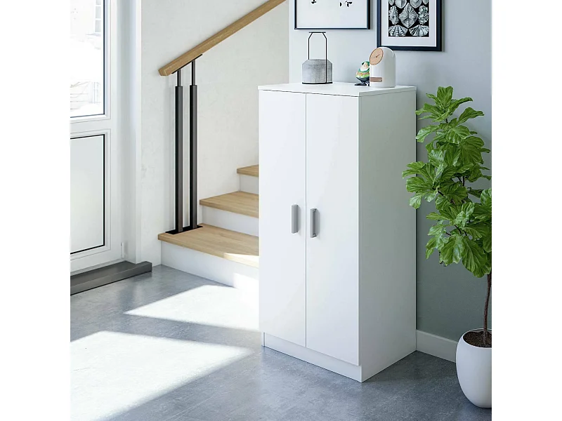 Armoire polyvalente Corona, Armoire auxiliaire avec 2 portes, Armoire à chaussures basse avec 6 étagères, Étagère à chaussures moderne, 55x36h108 cm, Blanc