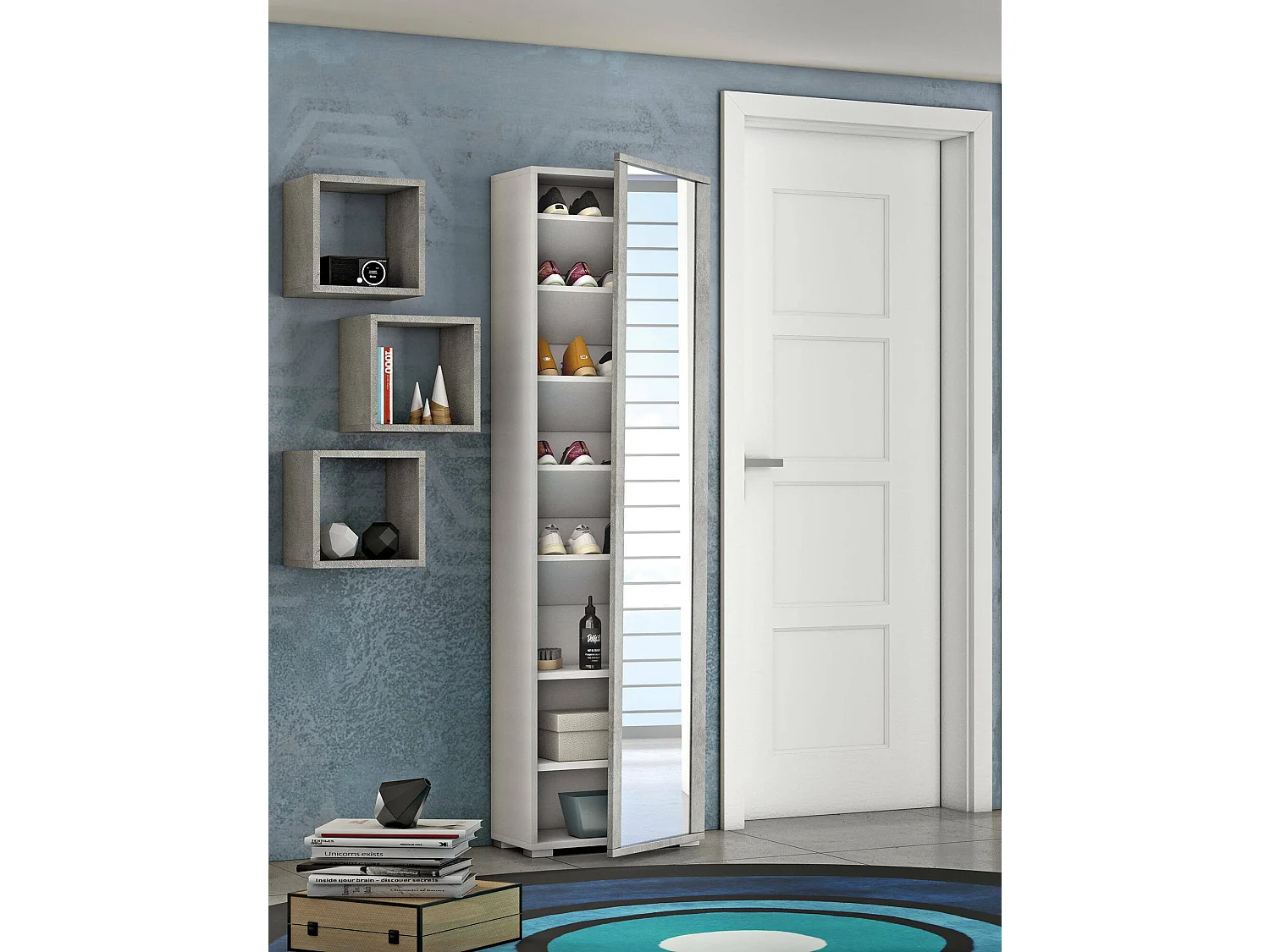 Schuhregal Datura, Mehrzweck - Dielenmöbel mit Spiegeltür, Moderner Schuhschrank mit 7 Einlegeböden, 100%  Italy, 50x32hx182 cm, WeiÃŸ und Beton