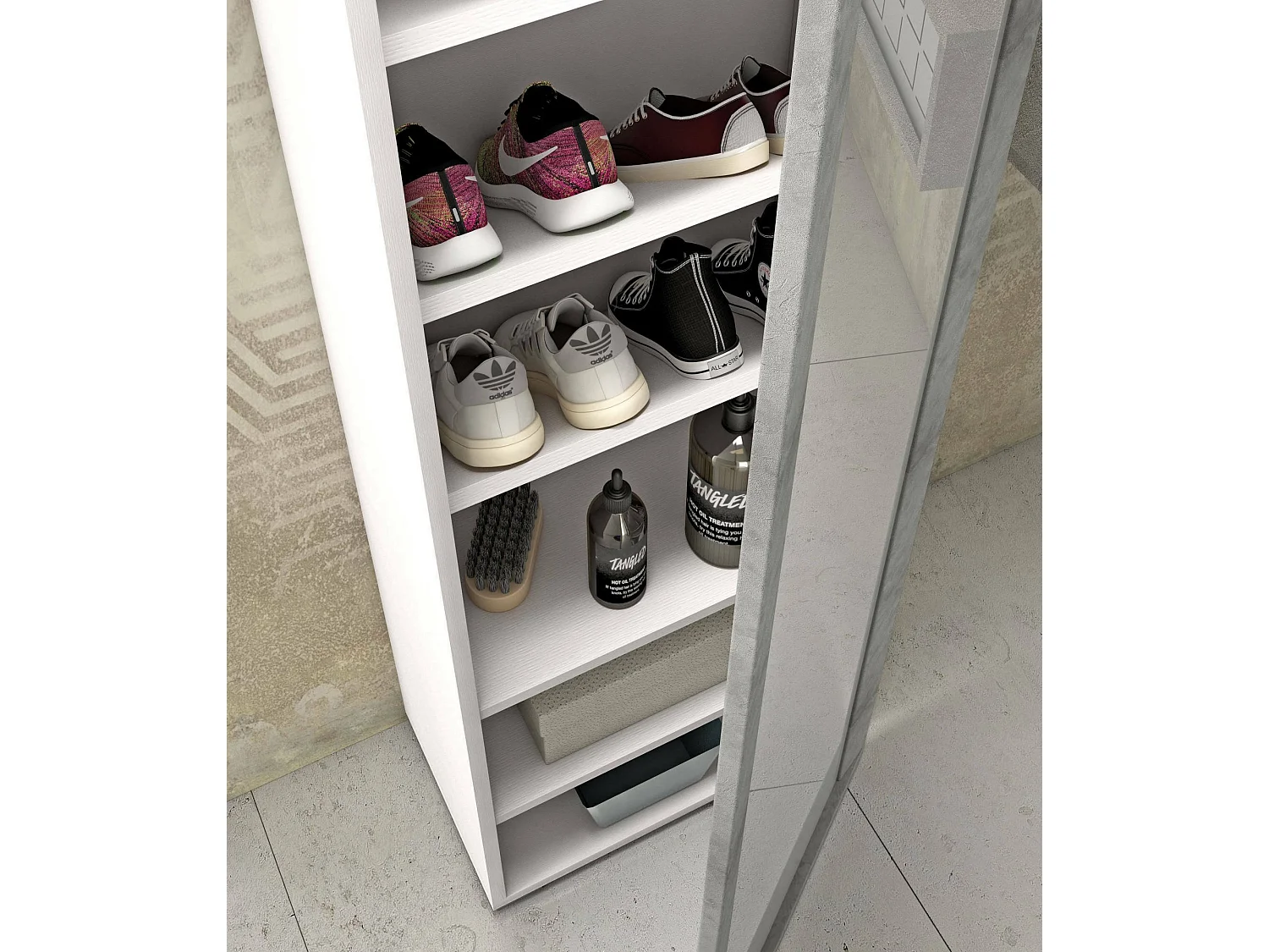Schuhregal Datura, Mehrzweck - Dielenmöbel mit Spiegeltür, Moderner Schuhschrank mit 7 Einlegeböden, 100%  Italy, 50x32hx182 cm, WeiÃŸ und Beton