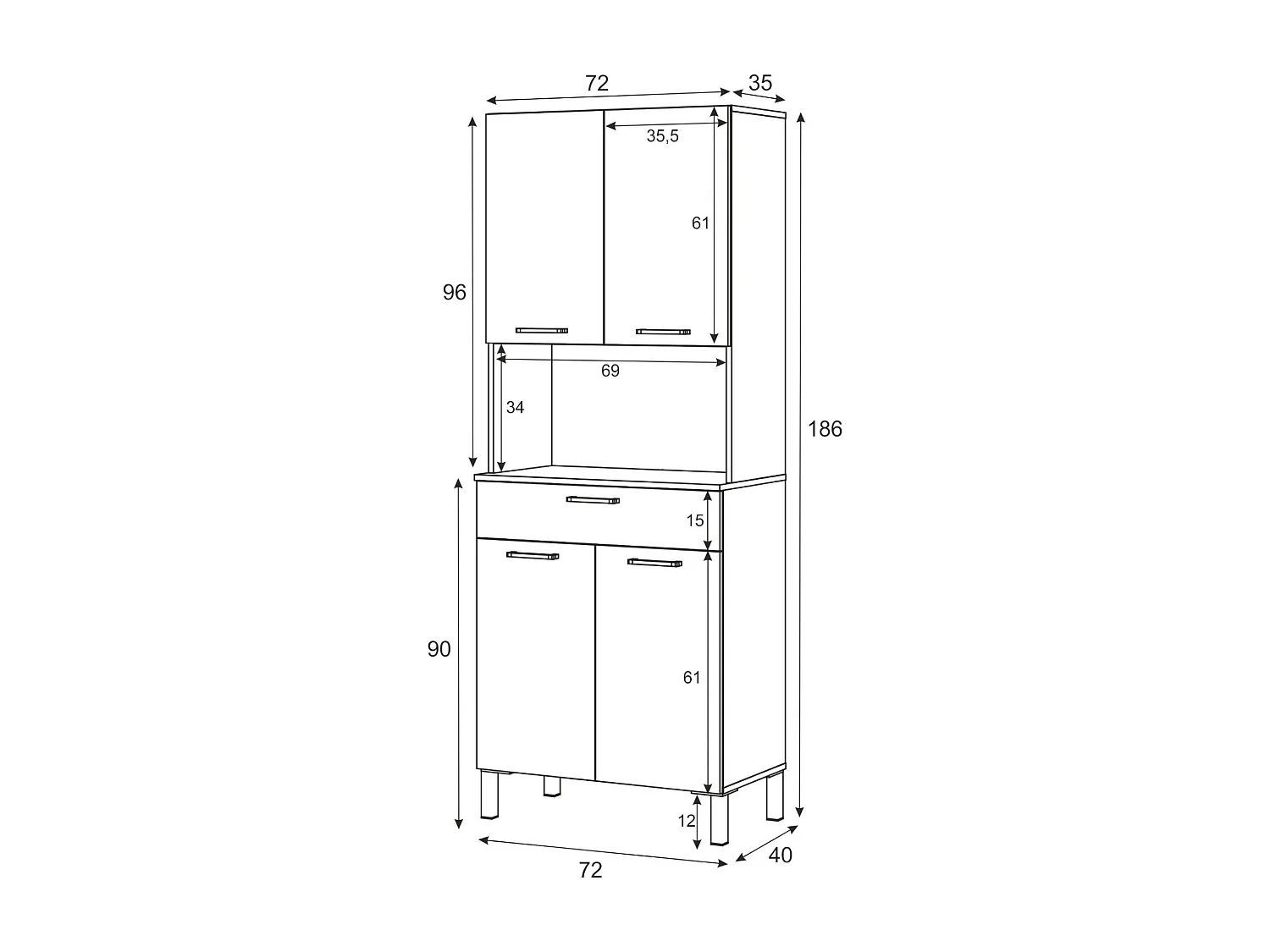 Armoire polyvalente Chandler, Armoire auxiliaire de cuisine, Buffet avec 4 portes et 1 tiroir avec étagères, Armoire ouverte, 72x40h186 cm, Blanc et Chêne