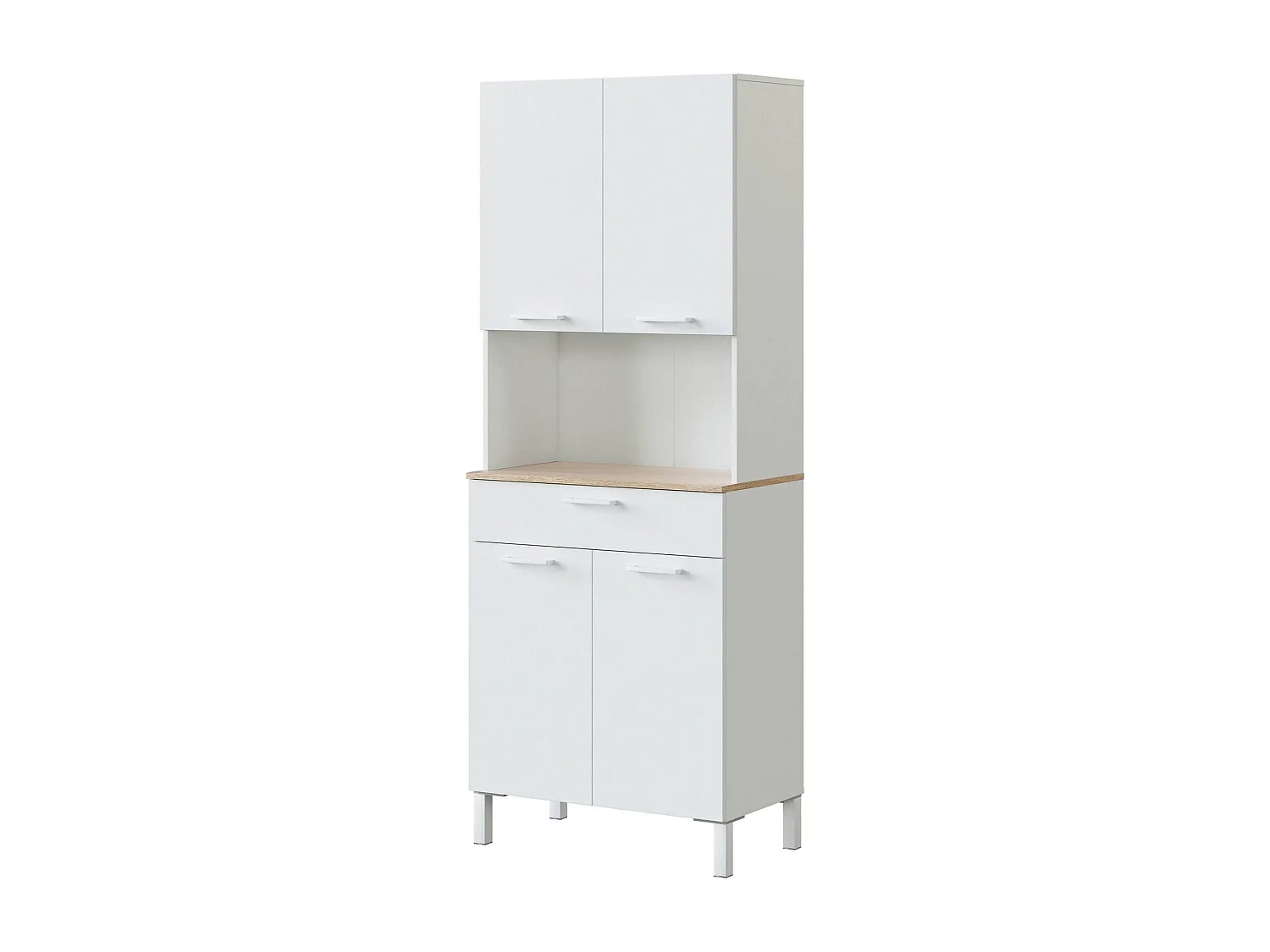 Chandler Kommode\, Küchenhilfsschrank, Sideboard mit 4 Türen und 1 Schublade mit Regalen, Offener Kleiderschrank, 72x40h186 cm, WeiÃŸ und Eiche