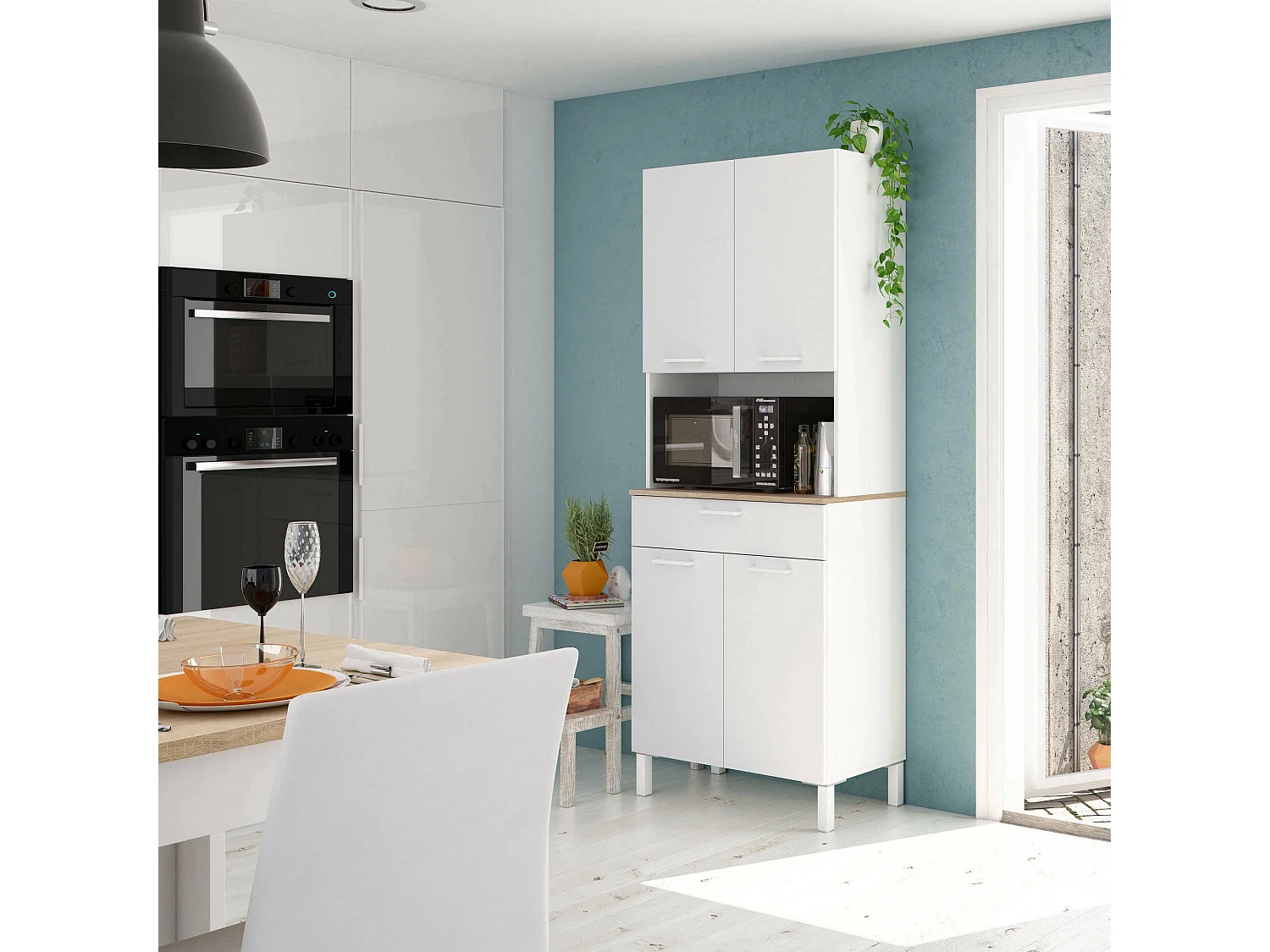 Chandler Kommode\, Küchenhilfsschrank, Sideboard mit 4 Türen und 1 Schublade mit Regalen, Offener Kleiderschrank, 72x40h186 cm, WeiÃŸ und Eiche
