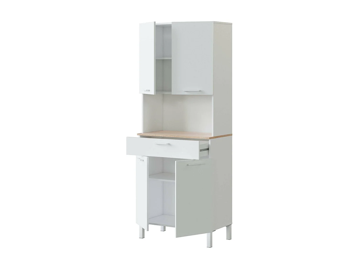 Chandler Kommode\, Küchenhilfsschrank, Sideboard mit 4 Türen und 1 Schublade mit Regalen, Offener Kleiderschrank, 72x40h186 cm, WeiÃŸ und Eiche