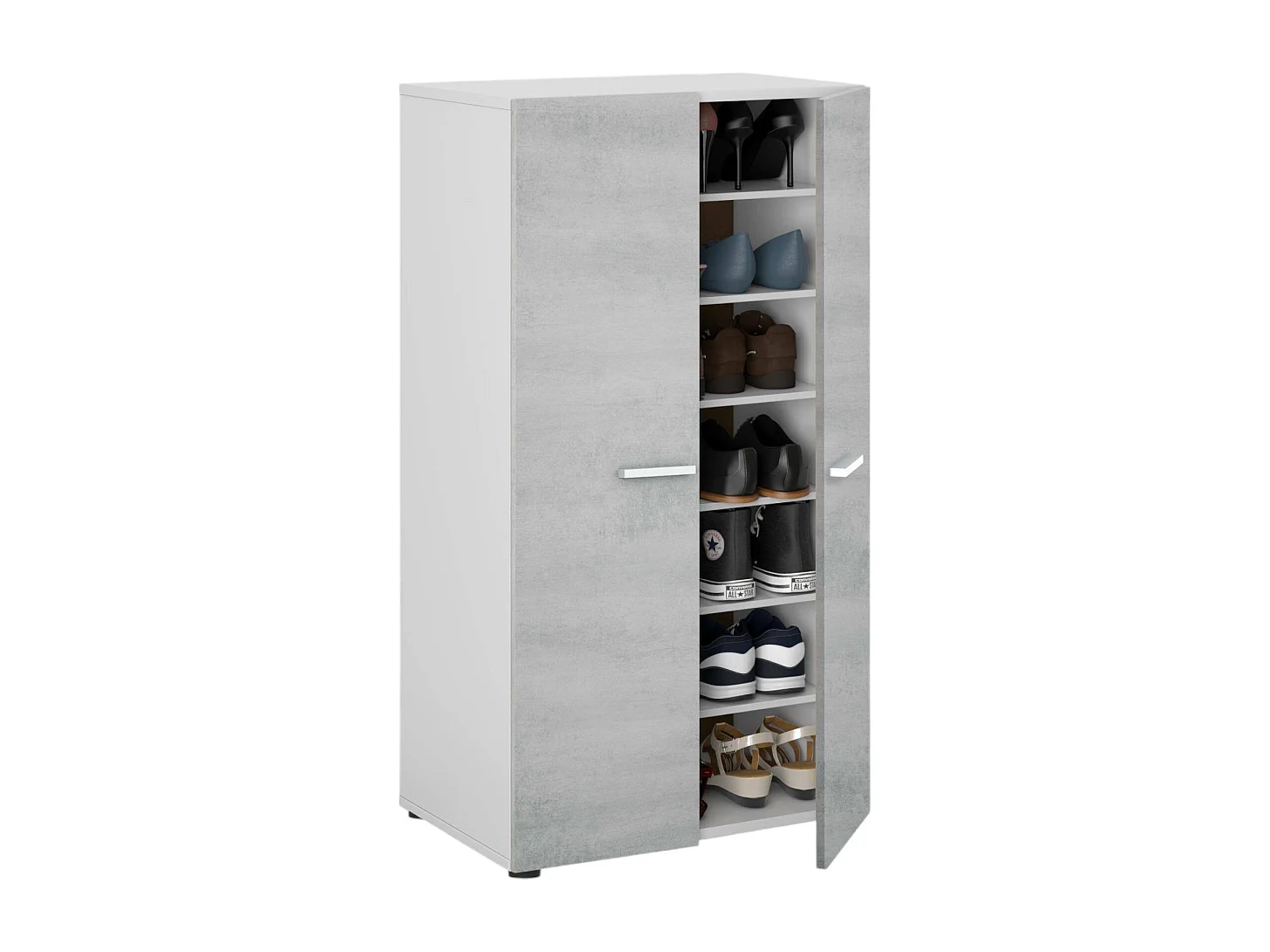 Armadio multiuso Norwalk, Armadio portascarpe a 2 ante, Mobile basso con 6 ripiani, Scarpiera bassa moderna, 55x36h103 cm, Bianco e Cemento