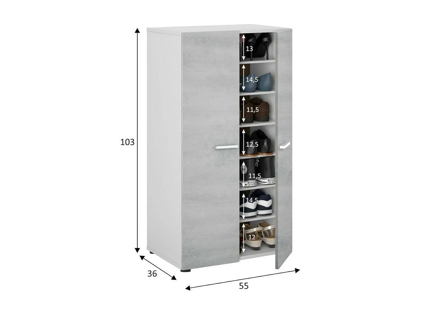 Armoire polyvalente Norwalk, armoire à chaussures 2 portes, armoire basse avec 6 étagères, étagère à chaussures basse moderne, 55x36h103 cm, blanc et ciment