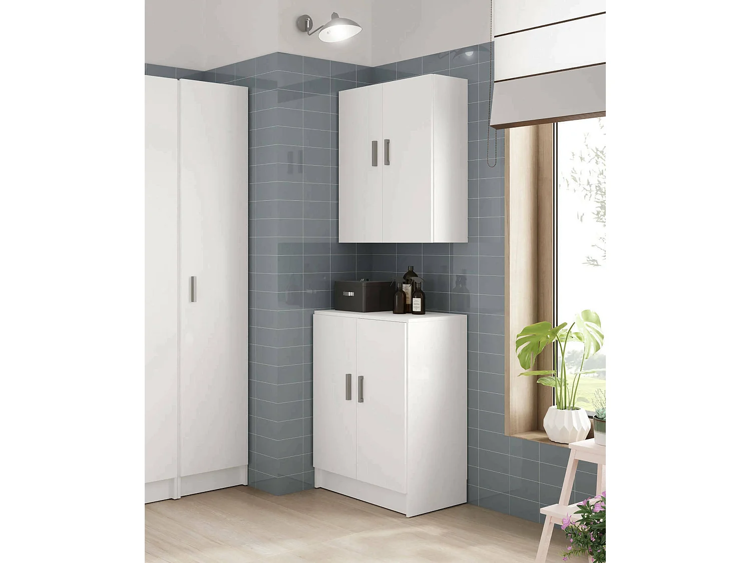 Armário multiuso Memphis, Armário auxiliar baixo com 2 portas, Sapateira com 1 prateleira, Armário multifuncional, 59x37h80 cm, Branco