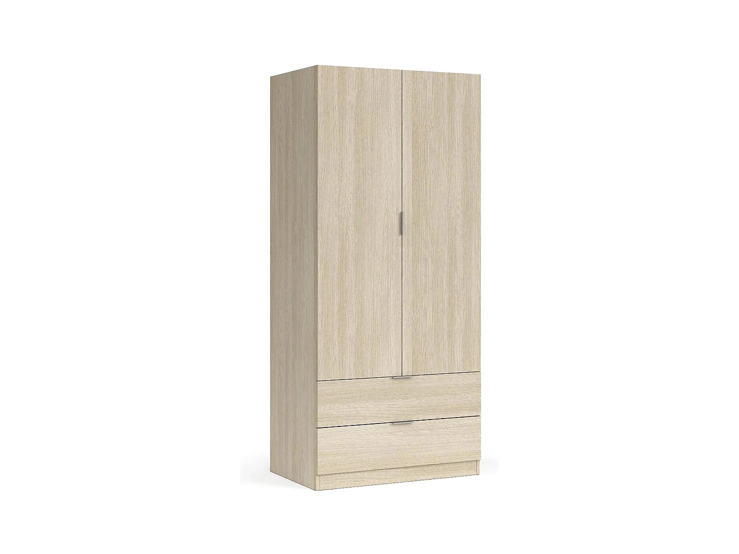Armoire Burbank, armoire de chambre 2 portes 2 tiroirs, armoire de chambre avec barre de suspension, 81x52h180 cm, chêne