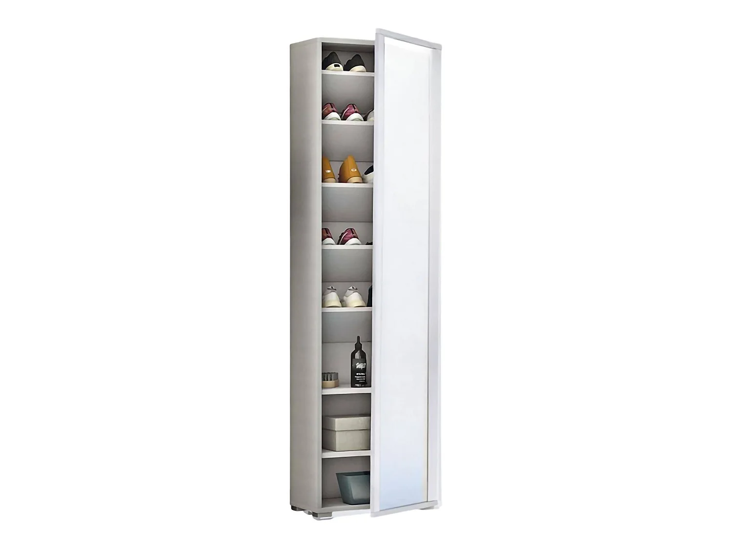 Étagère à chaussures Datura, Meuble d'entrée polyvalent avec porte miroir, Meuble à chaussures moderne avec 7 étagères, 100% Made in Italy, 50x32hx182 cm, Blanc