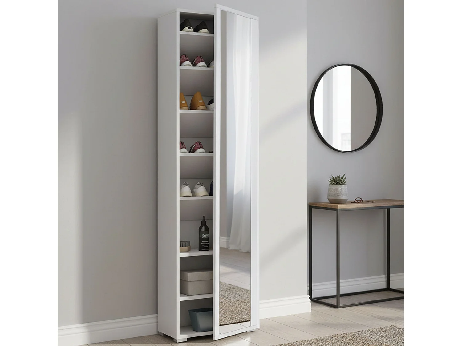 Étagère à chaussures Datura, Meuble d'entrée polyvalent avec porte miroir, Meuble à chaussures moderne avec 7 étagères, 100% Made in Italy, 50x32hx182 cm, Blanc
