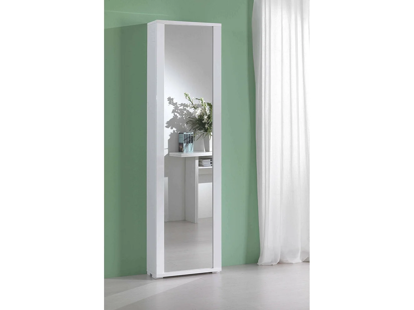 Étagère à chaussures Datura, Meuble d'entrée polyvalent avec porte miroir, Meuble à chaussures moderne avec 7 étagères, 100% Made in Italy, 50x32hx182 cm, Blanc