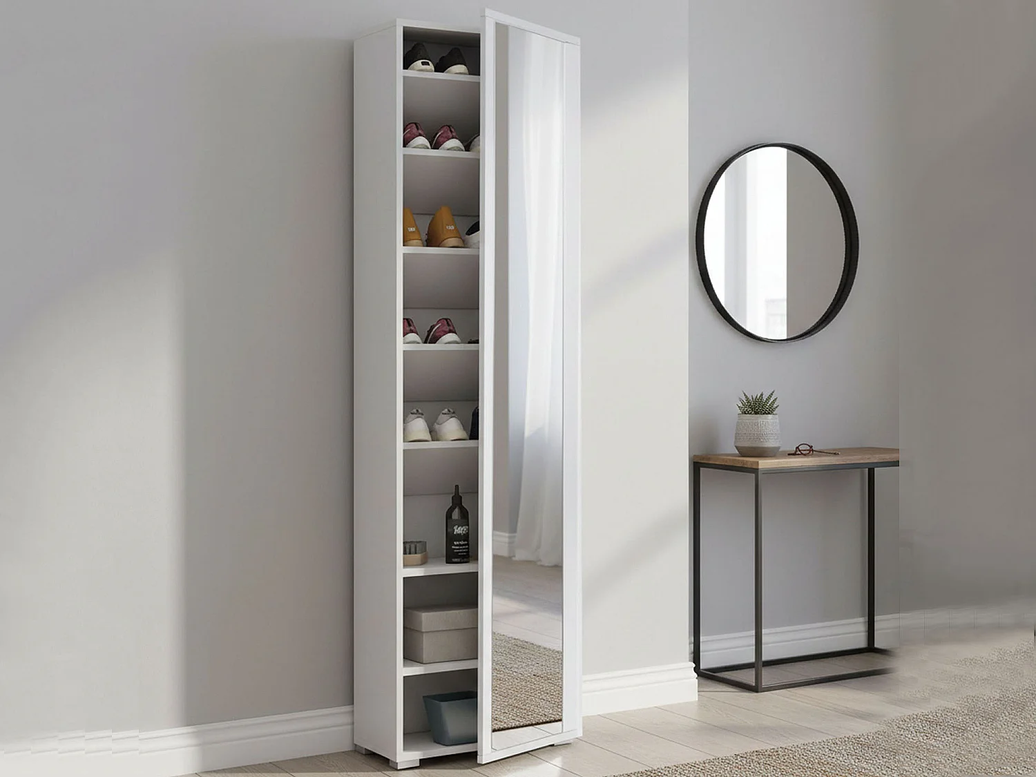 Étagère à chaussures Datura, Meuble d'entrée polyvalent avec porte miroir, Meuble à chaussures moderne avec 7 étagères, 100% Made in Italy, 50x32hx182 cm, Blanc
