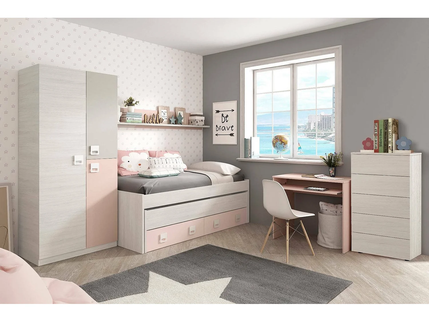 Armoire Manchester, armoire de chambre, armoire avec 3 portes et 3 étagères avec tringle à vêtements, 90x52h200 cm, gris et rose