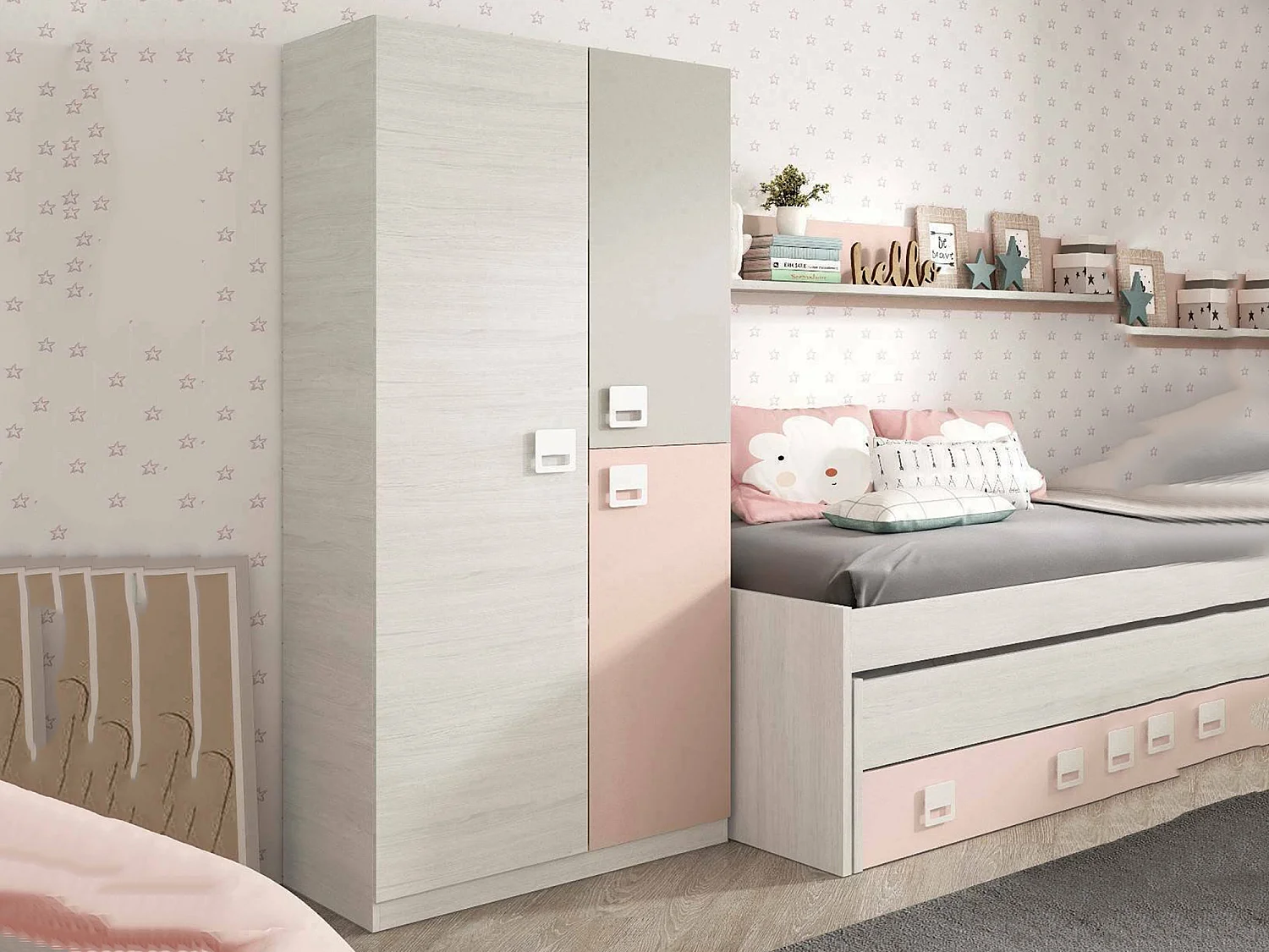 Armoire Manchester, armoire de chambre, armoire avec 3 portes et 3 étagères avec tringle à vêtements, 90x52h200 cm, gris et rose