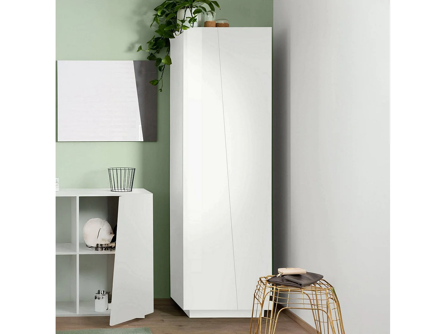 Armadio multiuso Medea, Portascarpe a 2 ante e 5 ripiani, Mobile multifunzione, 100% Made in Italy, cm 60x38h200, Bianco lucido