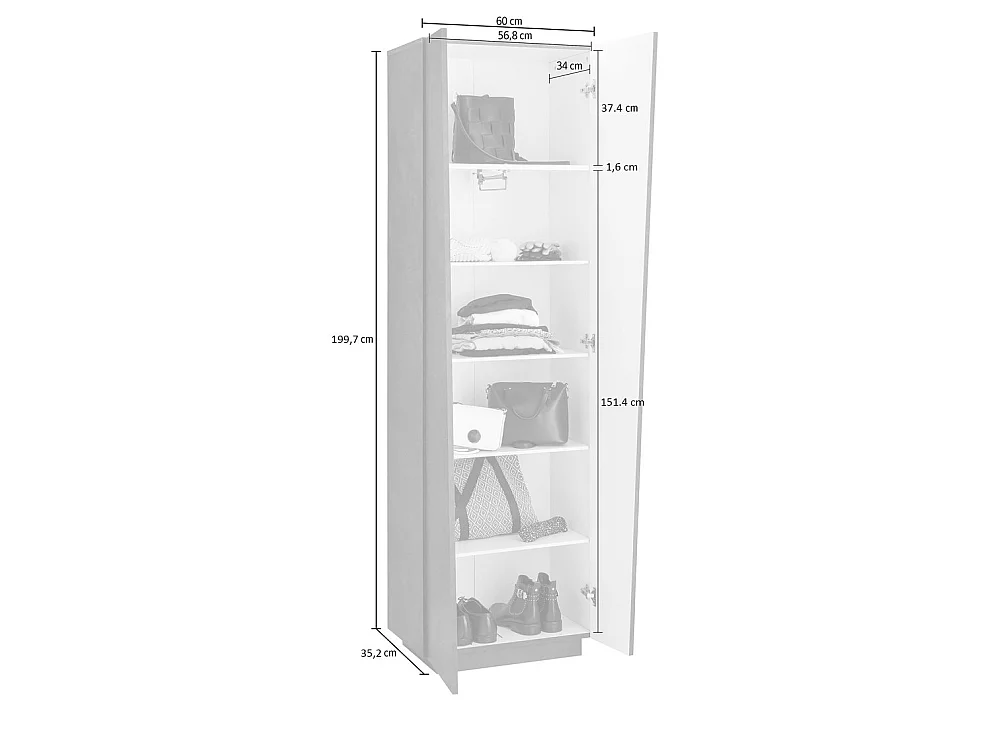 Armadio multiuso Medea, Portascarpe a 2 ante e 5 ripiani, Mobile multifunzione, 100% Made in Italy, cm 60x38h200, Bianco lucido