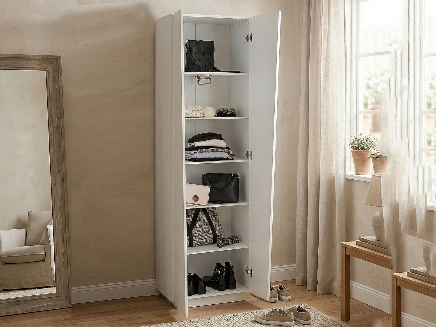 Armadio multiuso Medea, Portascarpe a 2 ante e 5 ripiani, Mobile multifunzione, 100% Made in Italy, cm 60x38h200, Bianco lucido