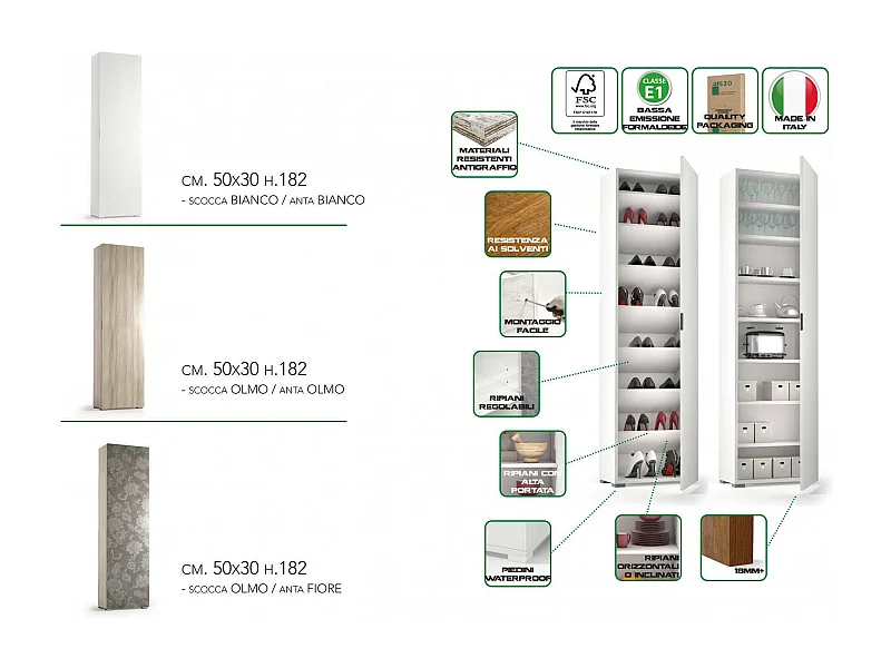Armadio multiuso Fiordaliso, Mobile lineare a 1 Anta e 7 ripiani, Colonna da ingresso o bagno, Scarpiera moderna, 100% Made in Italy, 50x30h182 cm, Cemento e Bianco