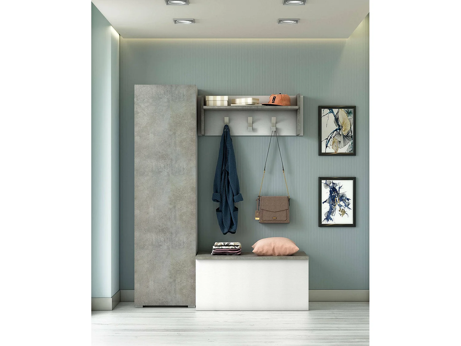Armadio multiuso Fiordaliso, Mobile lineare a 1 Anta e 7 ripiani, Colonna da ingresso o bagno, Scarpiera moderna, 100% Made in Italy, 50x30h182 cm, Cemento e Bianco