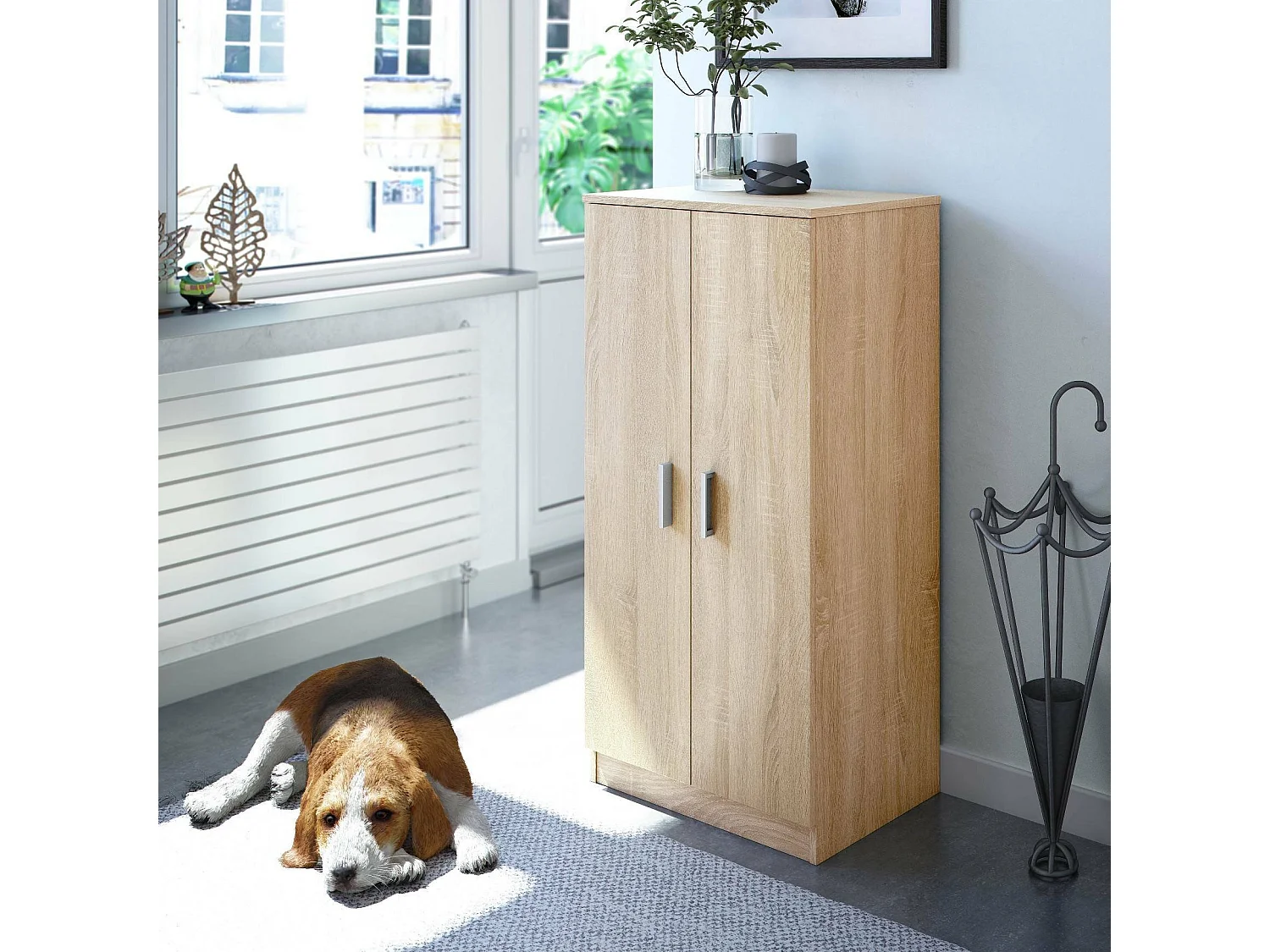 Armoire polyvalente Corona, Armoire auxiliaire avec 2 portes, Armoire à chaussures basse avec 6 étagères, Étagère à chaussures moderne, 55x36h108 cm, Chêne