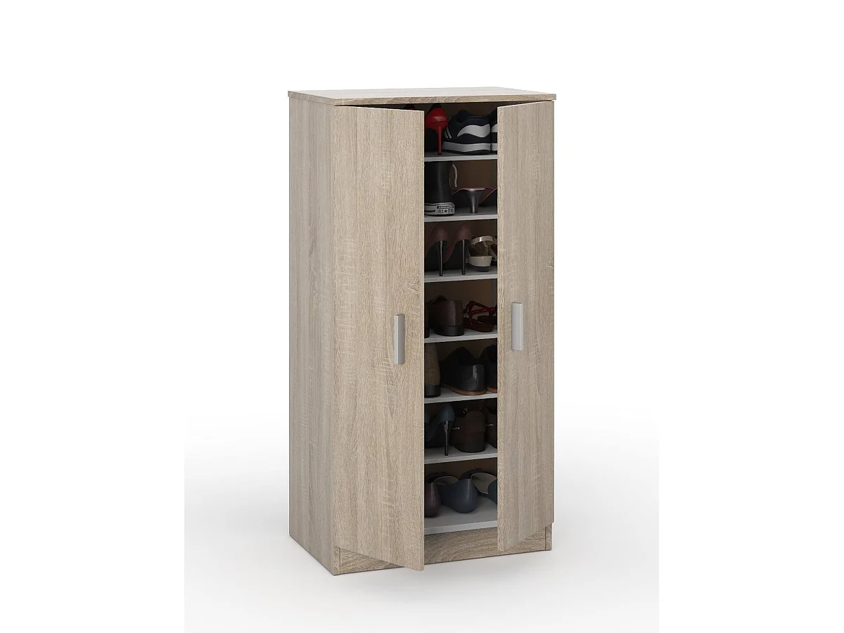 Corona multifunctionele kledingkast, Extra kast met 2 deuren, Lage schoenenkast met 6 planken, Modern schoenenrek, 55x36h108 cm, Eiken