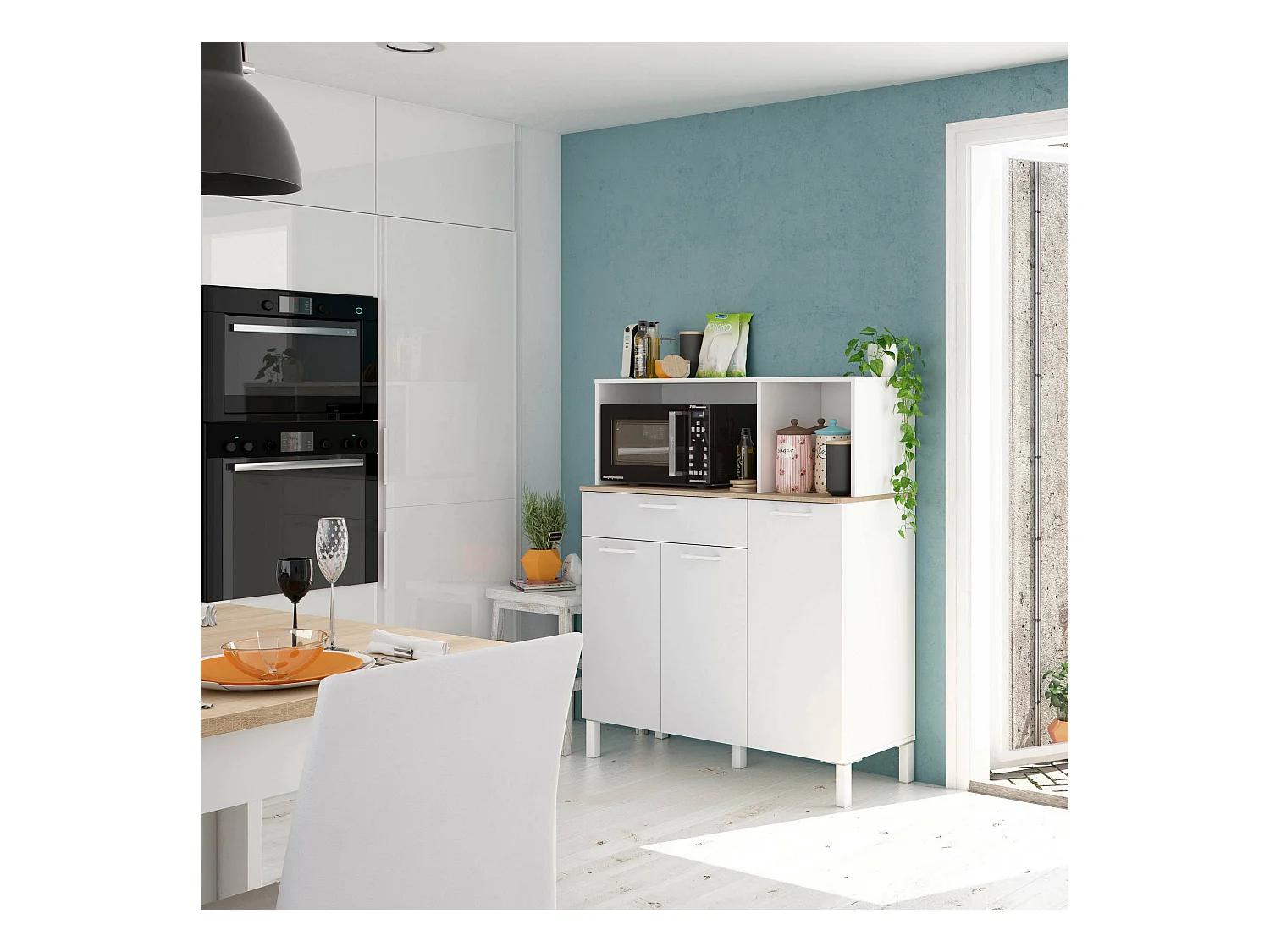 Armoire polyvalente Norfolk, Armoire de cuisine auxiliaire, Buffet avec 3 portes et 1 tiroir avec étagères, Armoire ouverte, 108x40h126 cm, Blanc et Chêne
