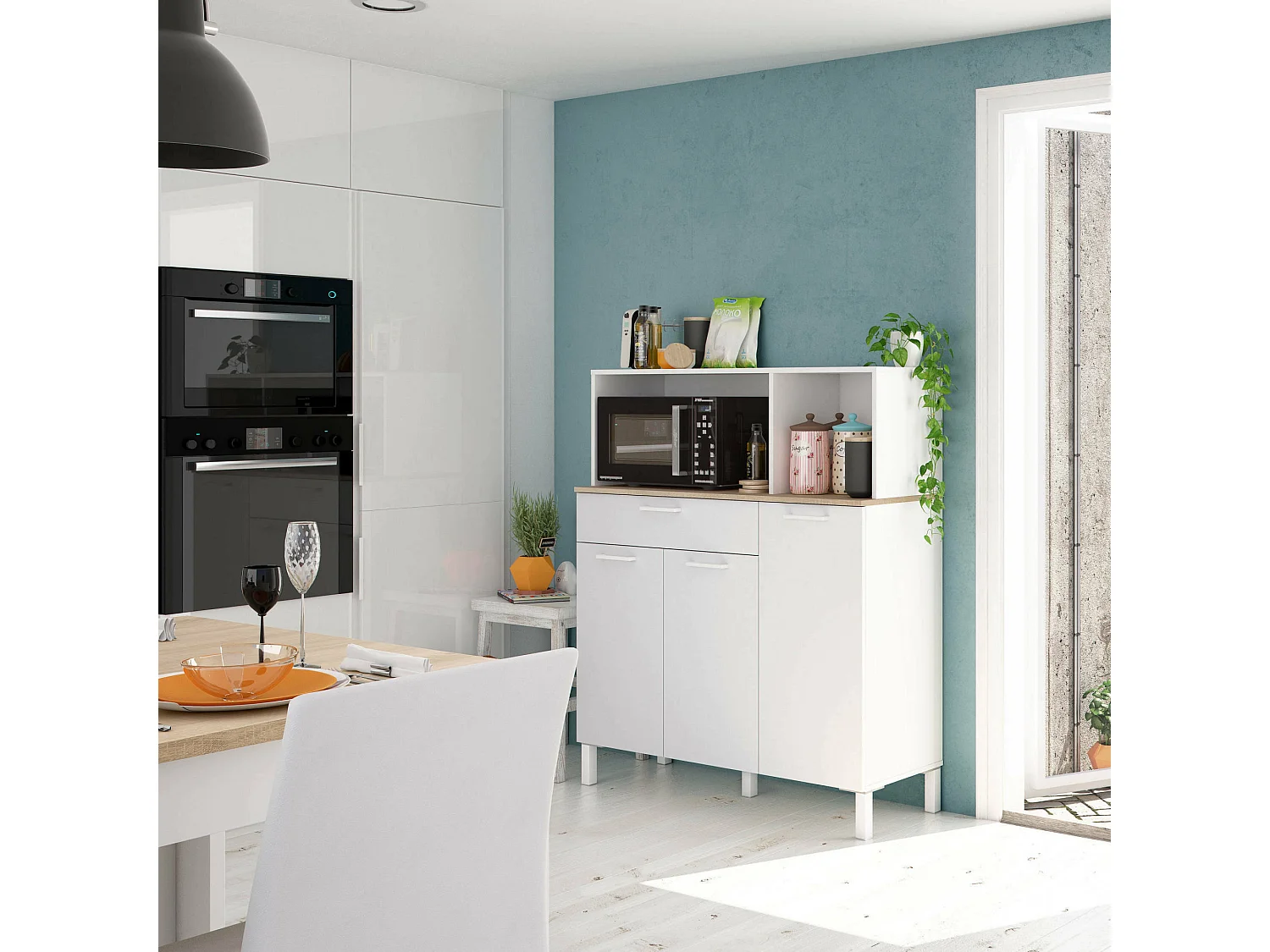 Armoire polyvalente Norfolk, Armoire de cuisine auxiliaire, Buffet avec 3 portes et 1 tiroir avec étagères, Armoire ouverte, 108x40h126 cm, Blanc et Chêne