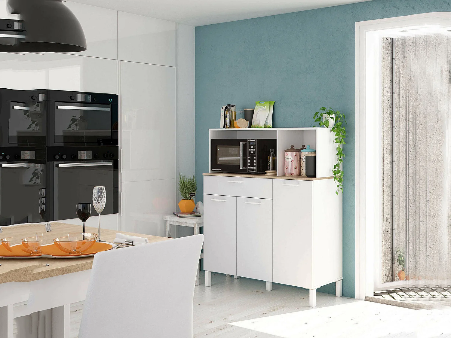 Armadio multiuso Norfolk, Mobile ausiliario da cucina, Credenza a 3 ante e 1 cassetto con ripiani, Armadio aperto, 108x40h126 cm, Bianco e Rovere