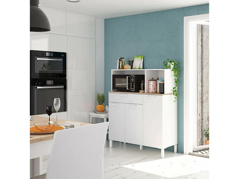 Roupeiro multiusos Norfolk, Armário auxiliar de cozinha, Aparador com 3 portas e 1 gaveta com prateleiras, Roupeiro aberto, 108x40h126 cm, Branco e Carvalho