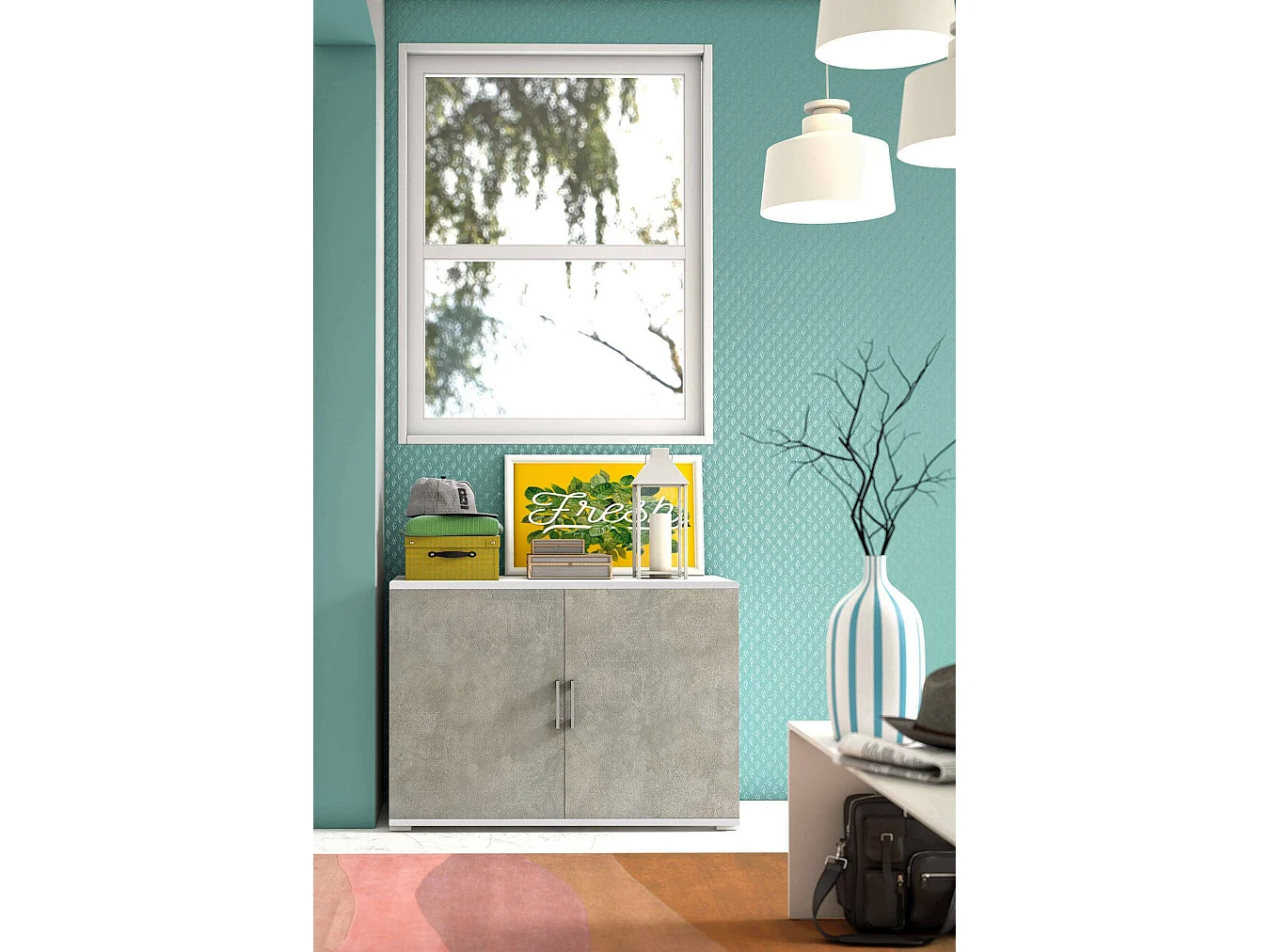 Armadio multiuso Bucaneve, Mobile lineare a 2 Ante battenti con ripiano, Mobile da ingresso, Scarpiera moderna, 100% Made in Italy, 90x45h66 cm, Cemento e Bianco