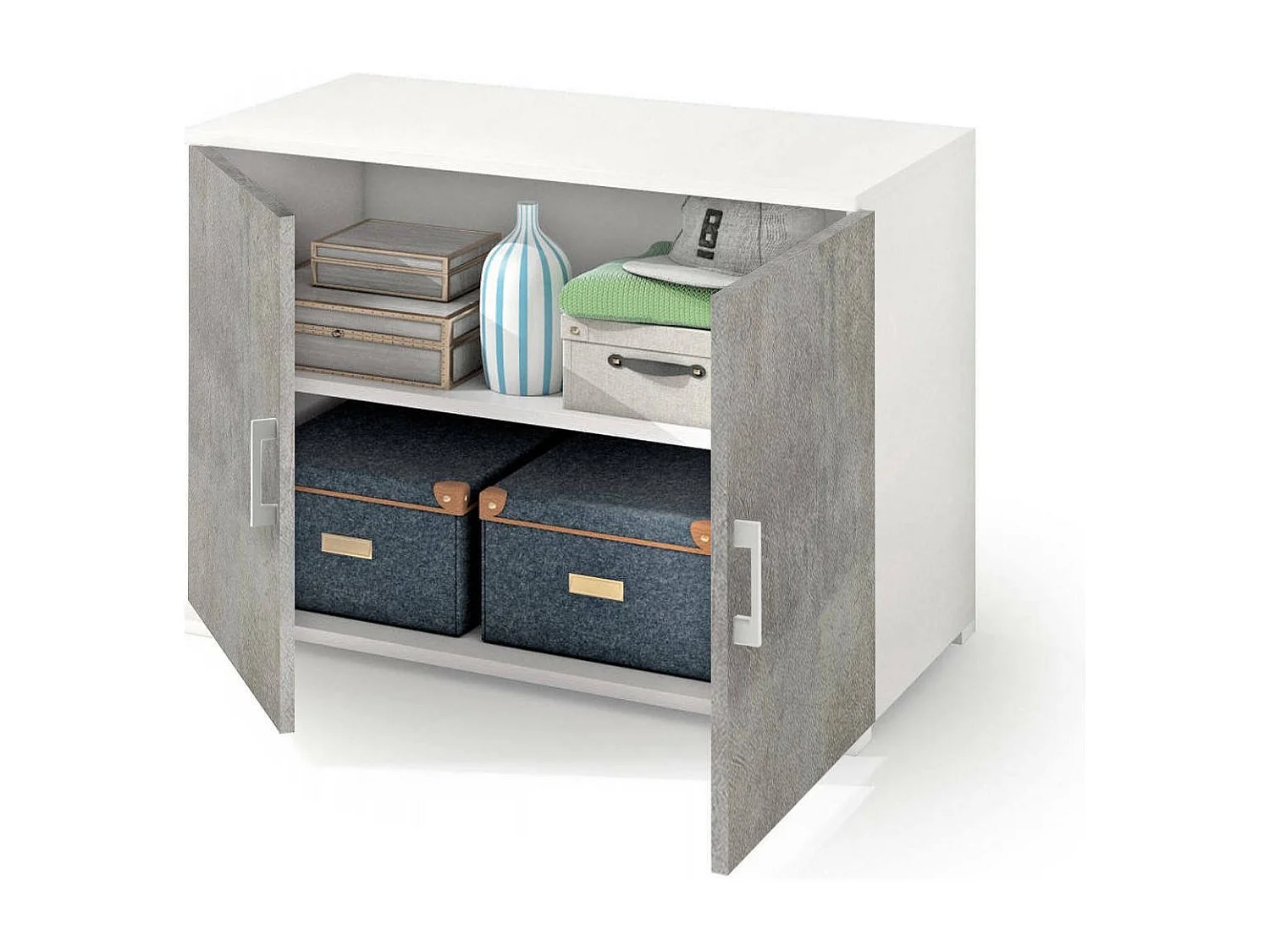 Armadio multiuso Bucaneve, Mobile lineare a 2 Ante battenti con ripiano, Mobile da ingresso, Scarpiera moderna, 100% Made in Italy, 90x45h66 cm, Cemento e Bianco