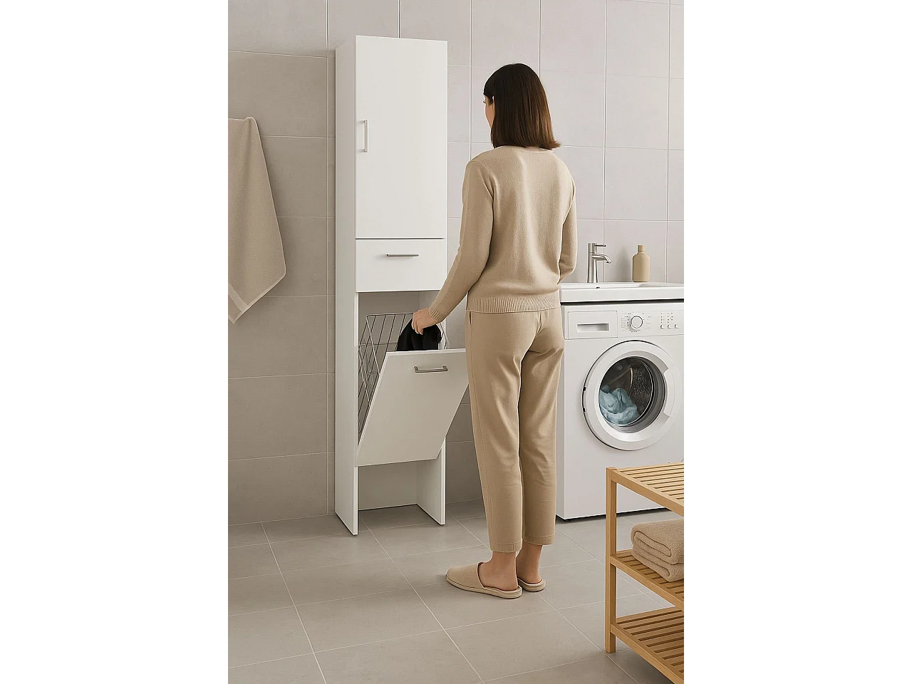 Armoire polyvalente Escolzia, Armoire à linge linéaire avec 2 portes, Colonne de salle de bain avec panier à linge, 100% Made in Italy, 45x32h195 cm, Blanc