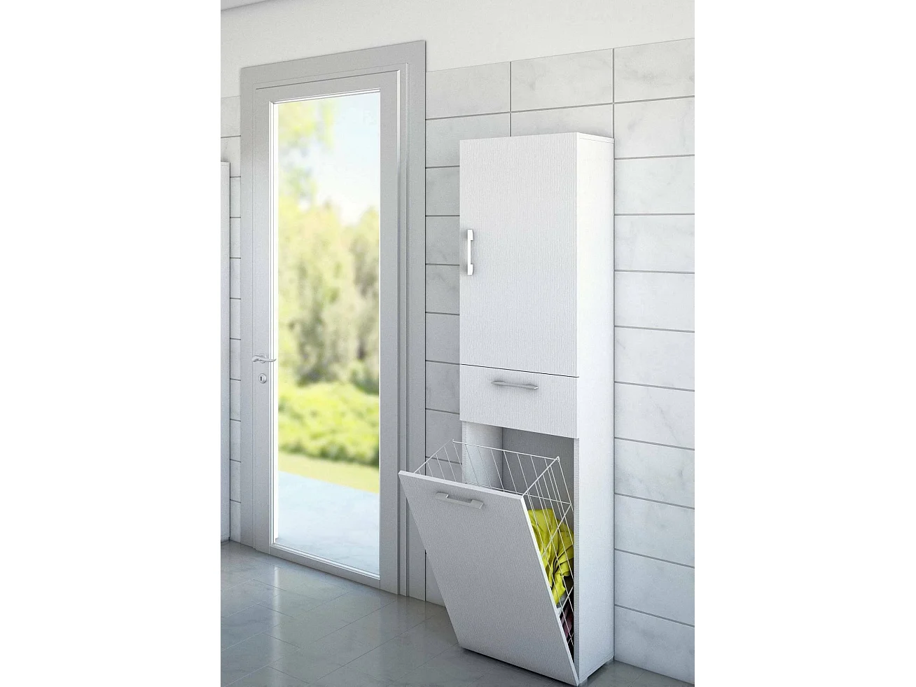 Armoire polyvalente Escolzia, Armoire à linge linéaire avec 2 portes, Colonne de salle de bain avec panier à linge, 100% Made in Italy, 45x32h195 cm, Blanc