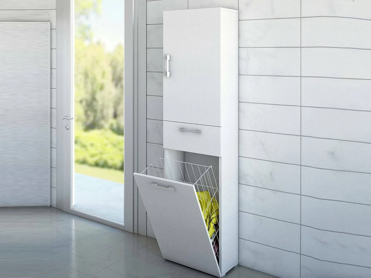 Armoire polyvalente Escolzia, Armoire à linge linéaire avec 2 portes, Colonne de salle de bain avec panier à linge, 100% Made in Italy, 45x32h195 cm, Blanc