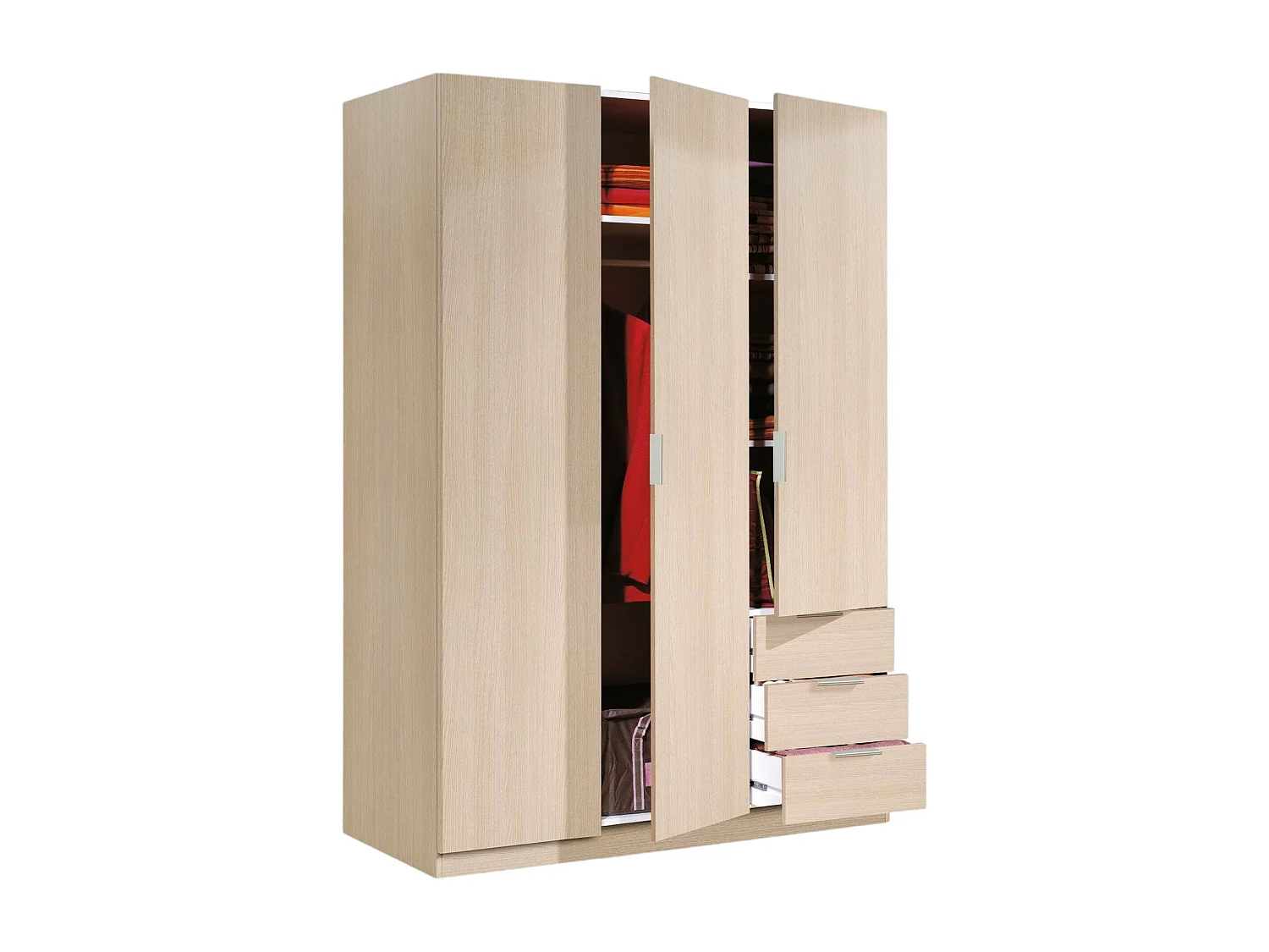 Armoire Warren, Armoire de chambre avec 3 portes et 3 tiroirs, Armoire avec 3 étagères et tringle à vêtements, 121x52h180 cm, Chêne