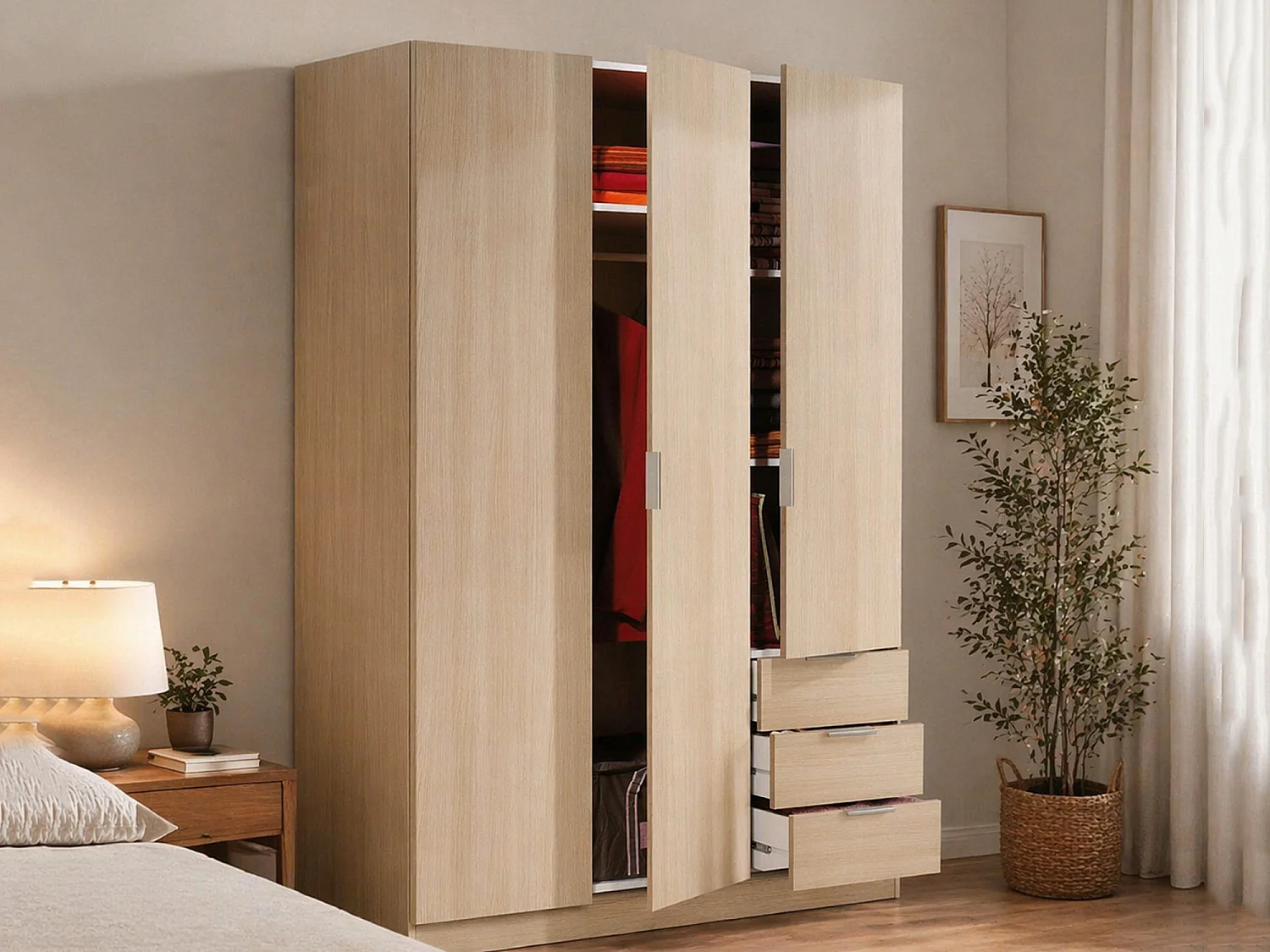 Armoire Warren, Armoire de chambre avec 3 portes et 3 tiroirs, Armoire avec 3 étagères et tringle à vêtements, 121x52h180 cm, Chêne