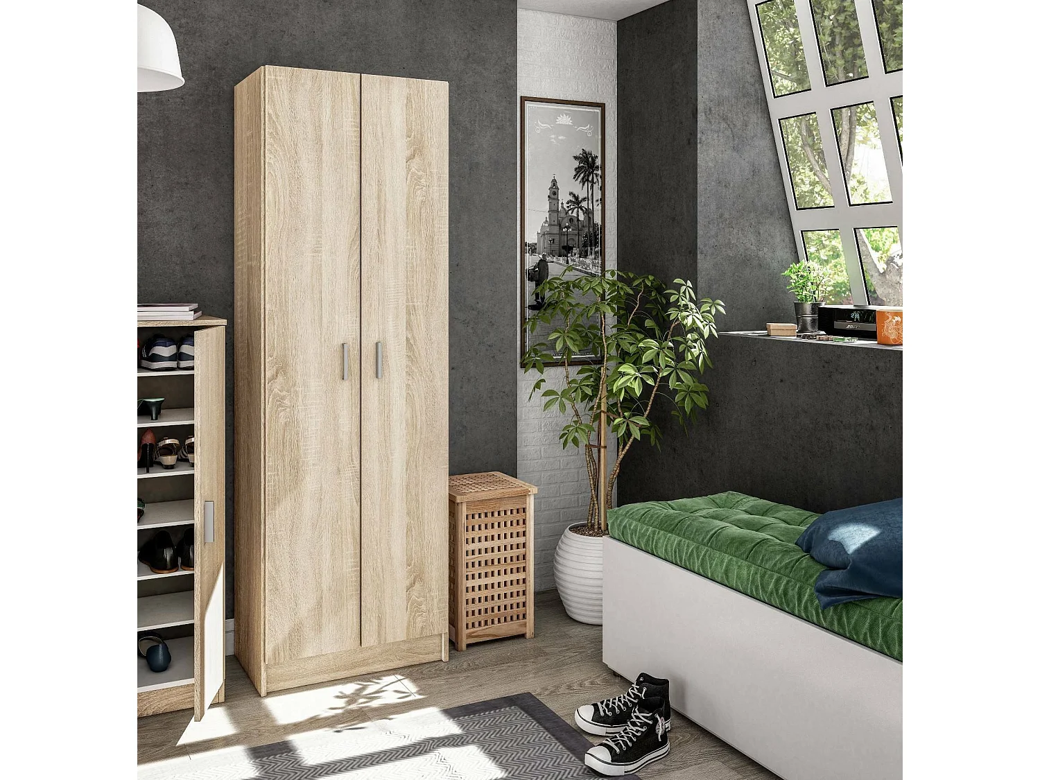 Armoire polyvalente Portsmouth, Armoire auxiliaire avec 2 portes, Armoire à chaussures moderne, Étagère à chaussures verticale, 59x37h180 cm, Chêne