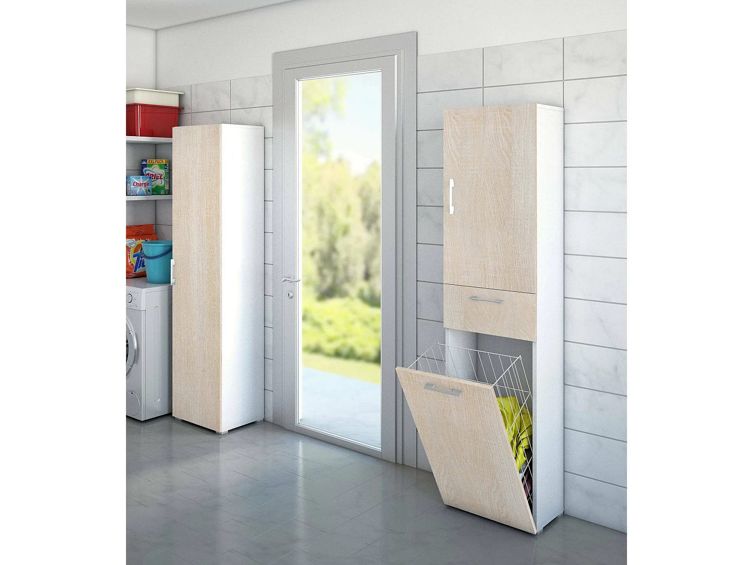 Mehrzweckschrank mit 2 Türen Escolzia, linearer Wäscheschrank mit 2 Türen, Badezimmersäule mit Wäschekorb, 100 % Made in Italy, 45 x 32 x 195 cm, Eiche und Weiß,