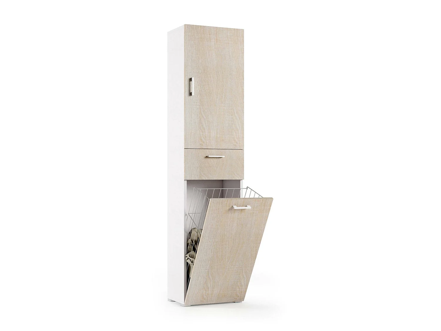 Armoire polyvalente Escolzia, Armoire à linge linéaire avec 2 portes, Colonne de salle de bain avec panier à linge, 100% Made in Italy, 45x32h195 cm, Chêne et Blanc